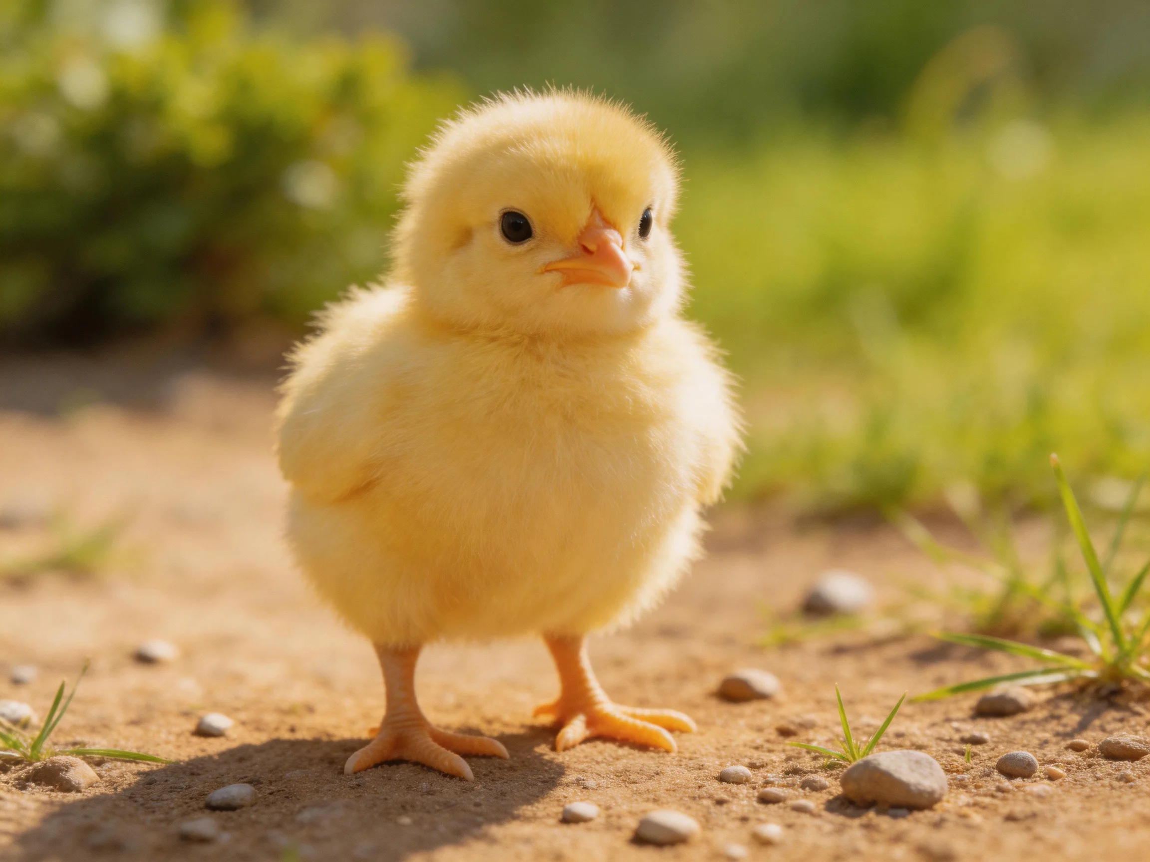 A small, fluffy yellow chick standing on sandy ground