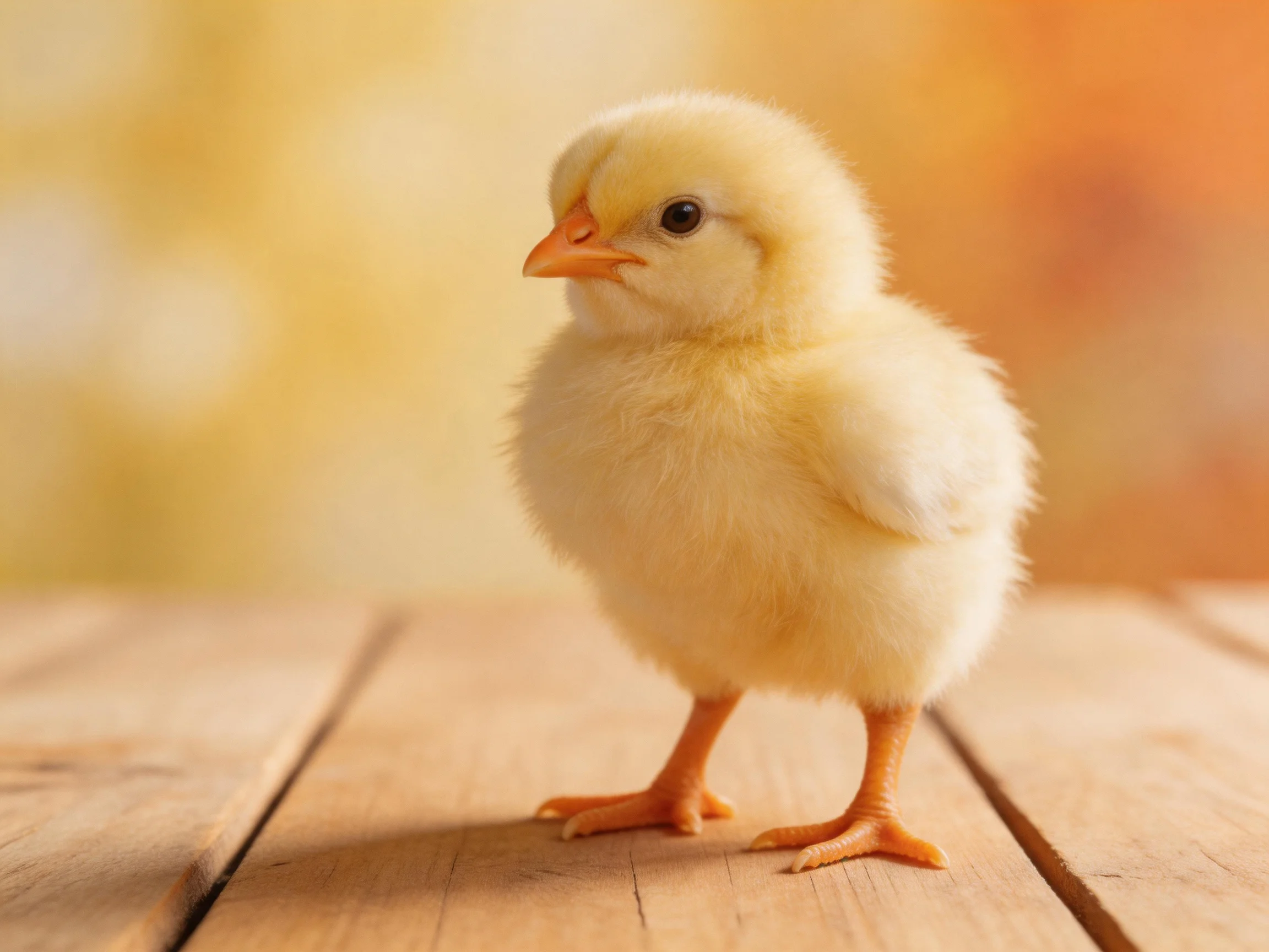 A small fluffy yellow chick standing on wooden planks