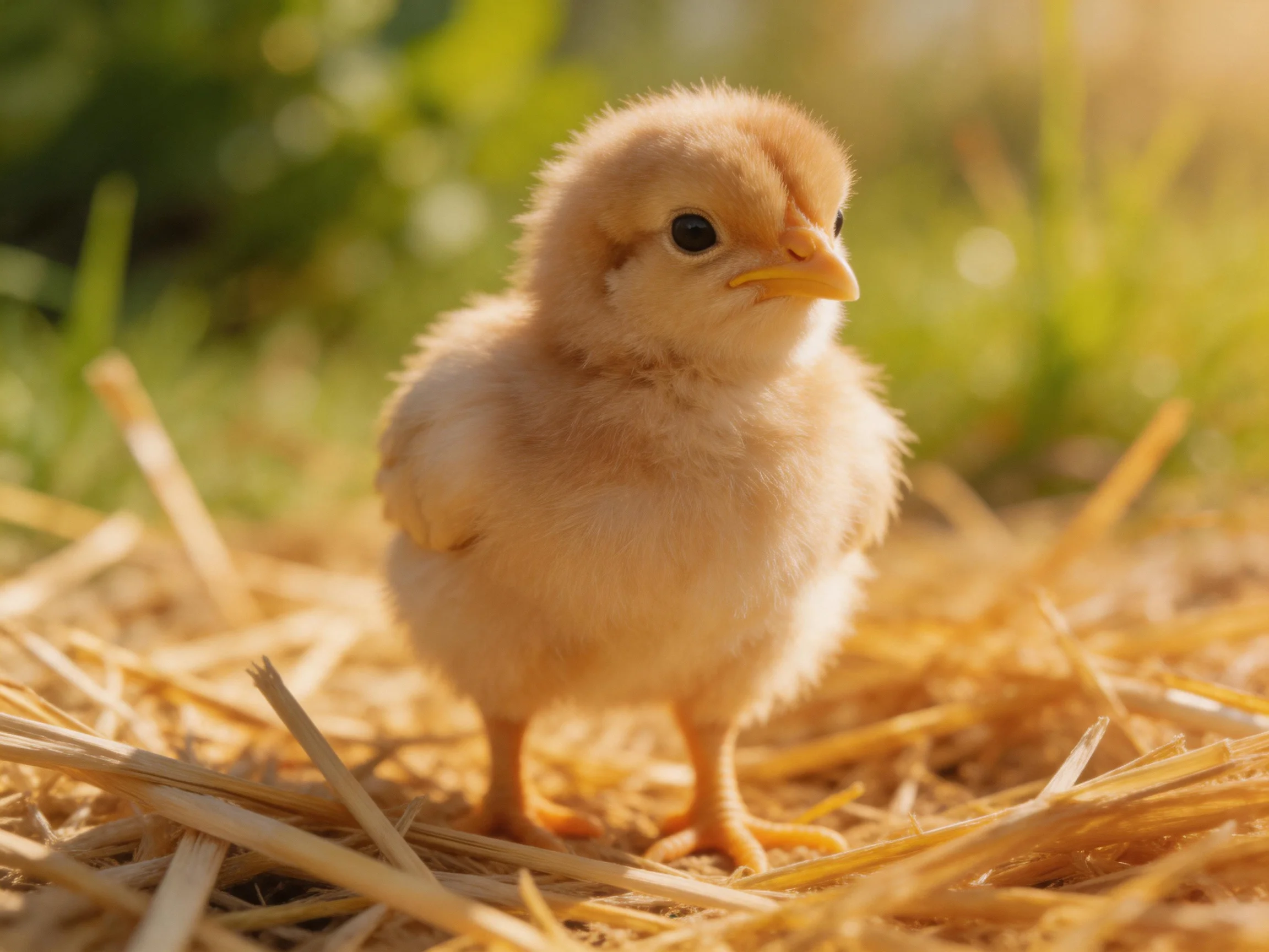 A small fluffy yellow chick stands on golden straw in a sunlit area