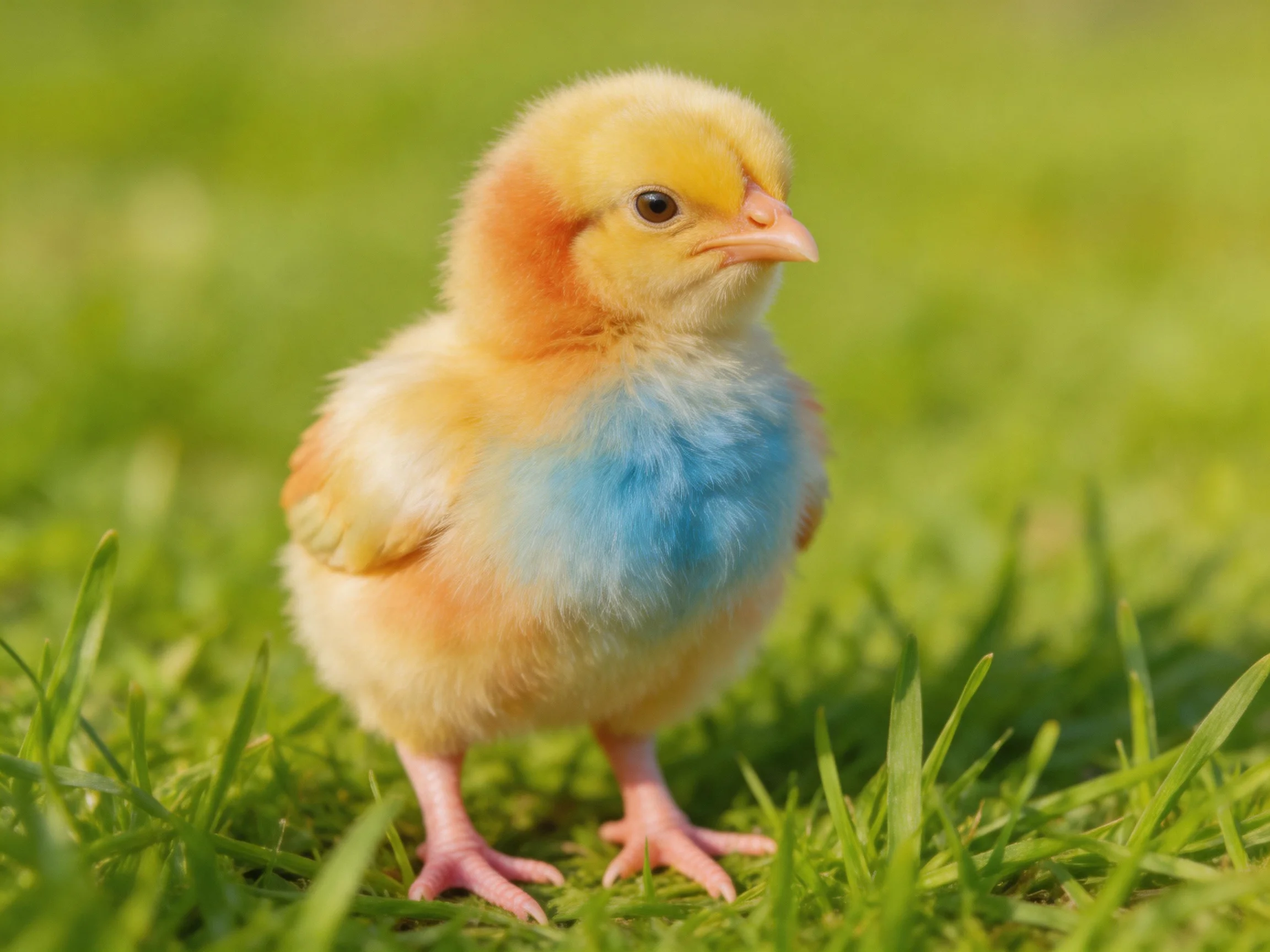A small multicolored chick stands on lush green grass