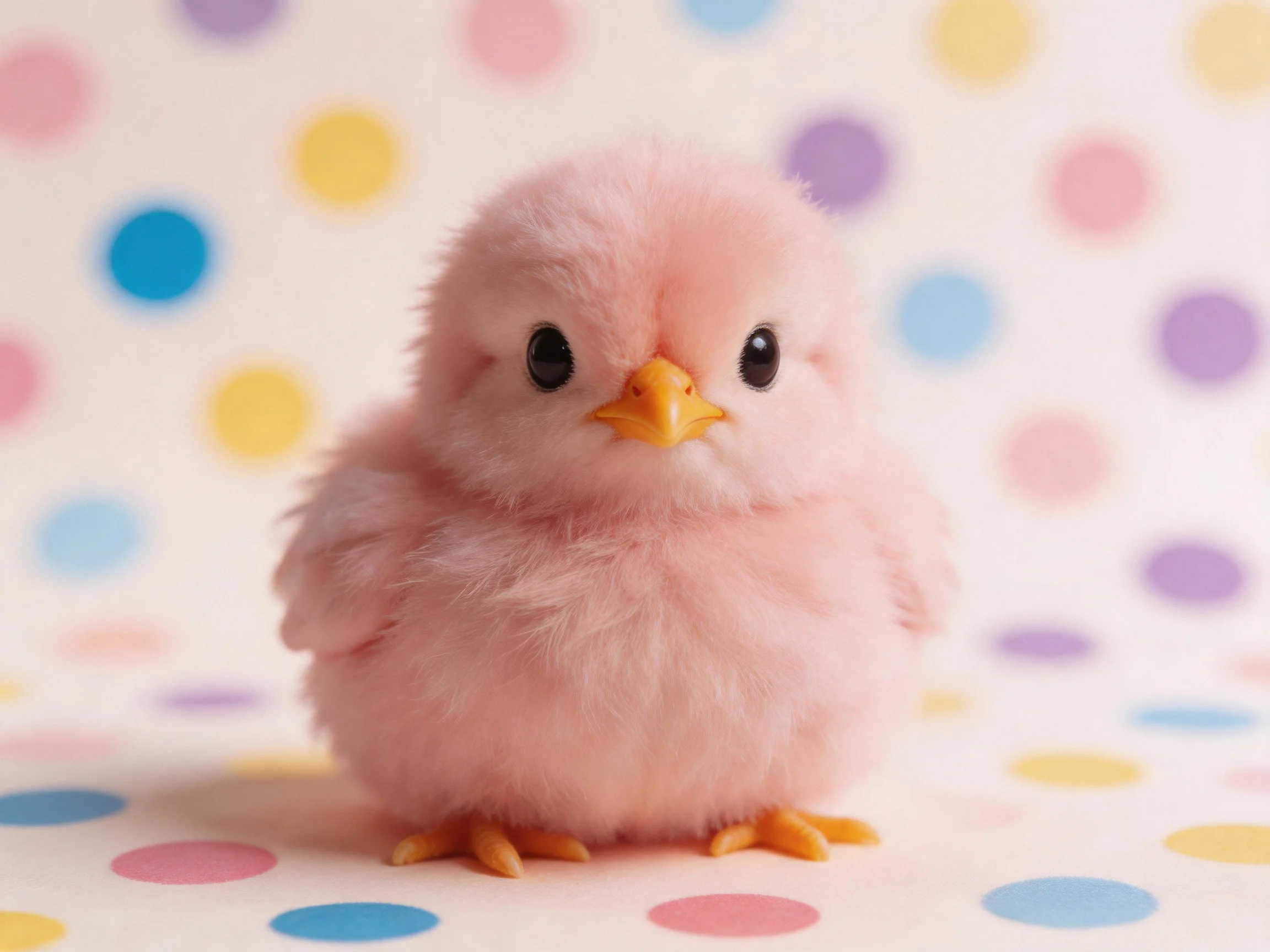 A small pink fluffy chick centered on a colorful polka dotted background