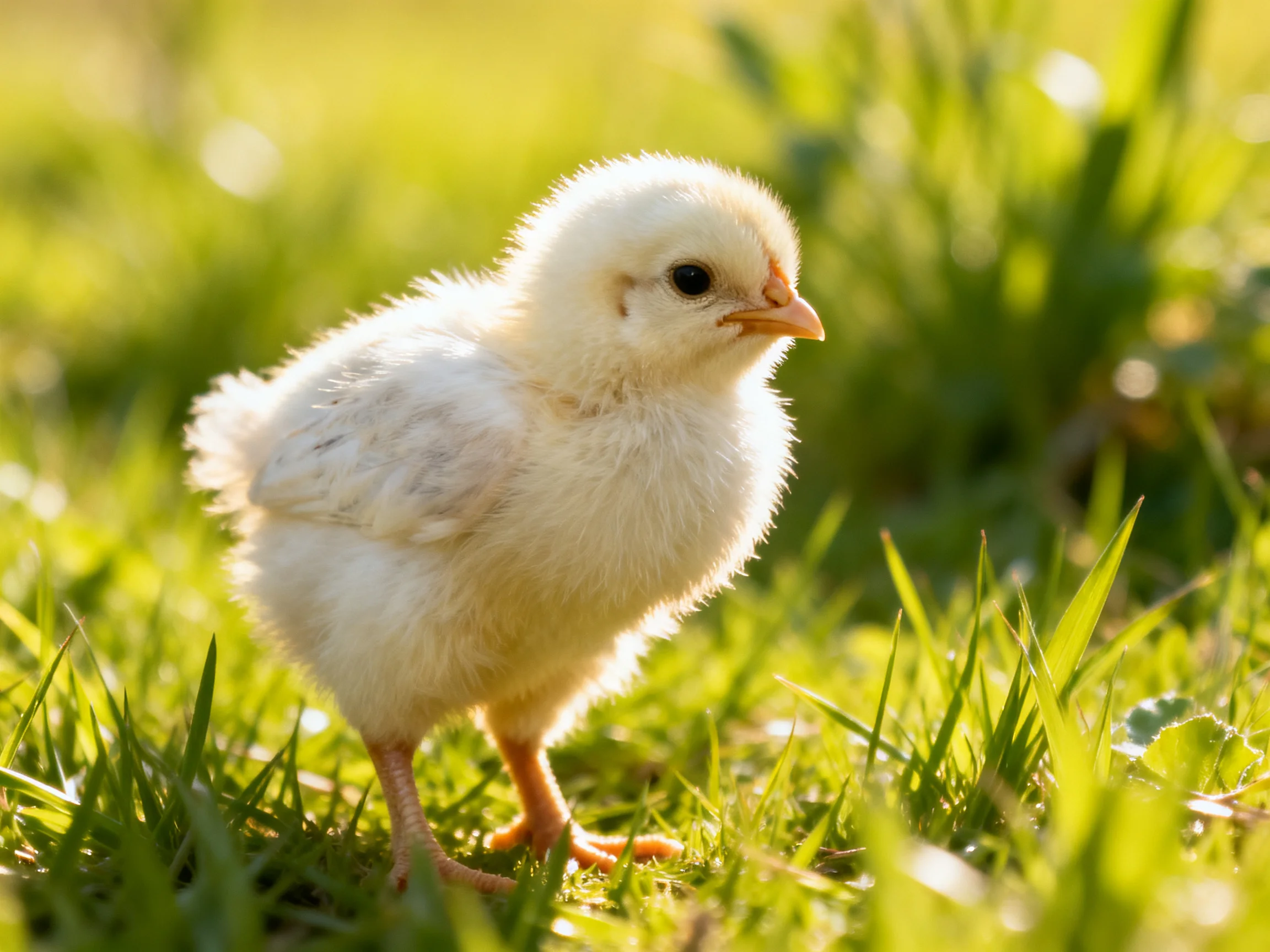 A small white fluffy chick exploring lush green grass