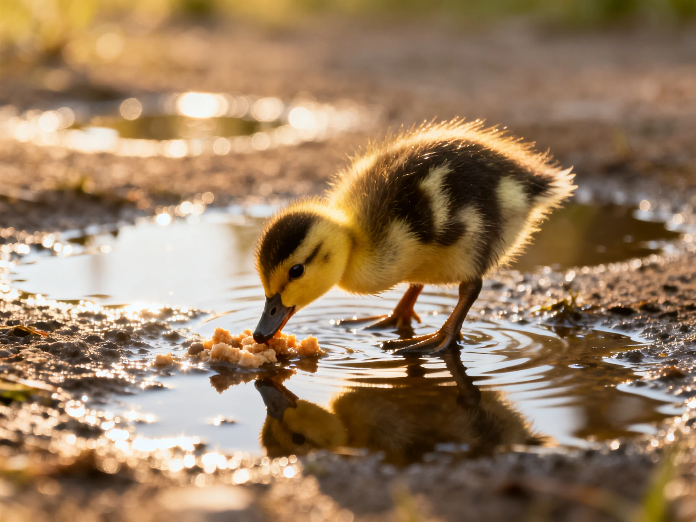 A young duckling feeds near a puddle in warm sunlight.