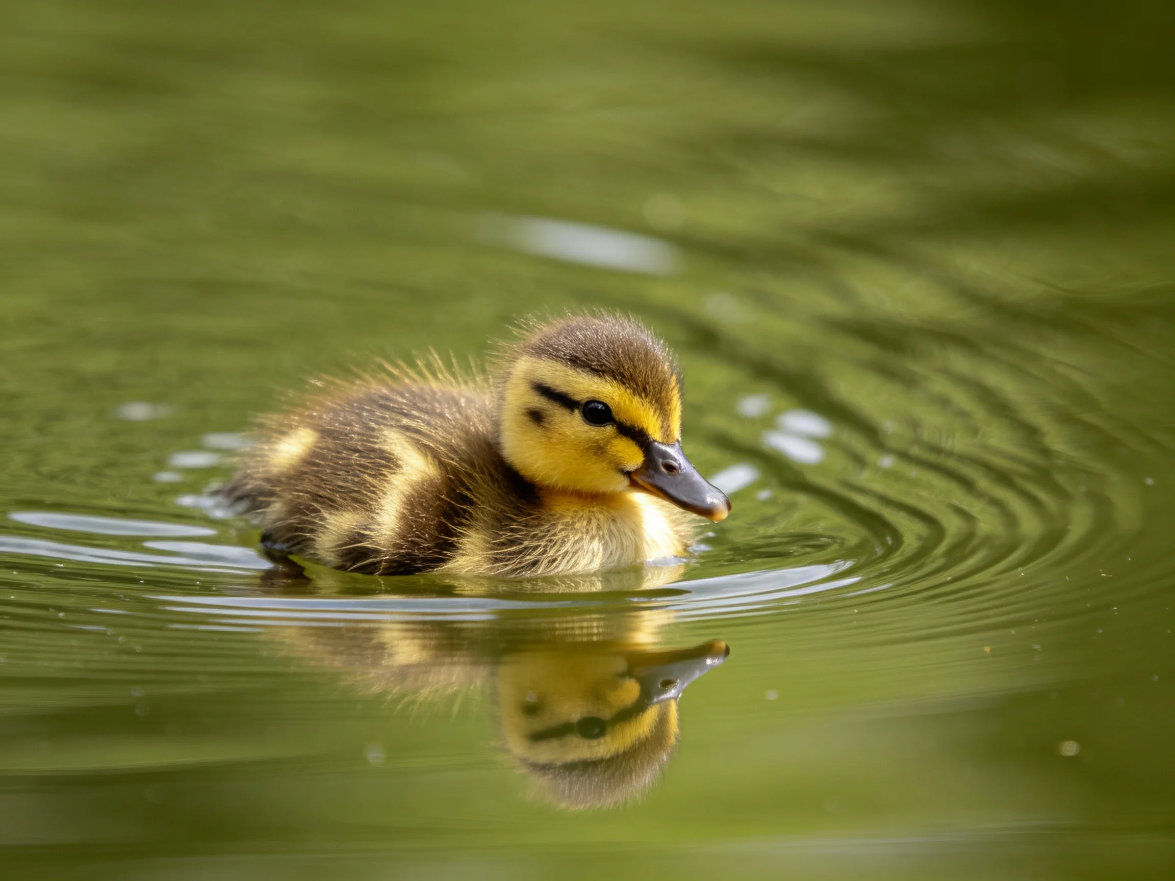 A small yellow-brown duckling glides through calm green water