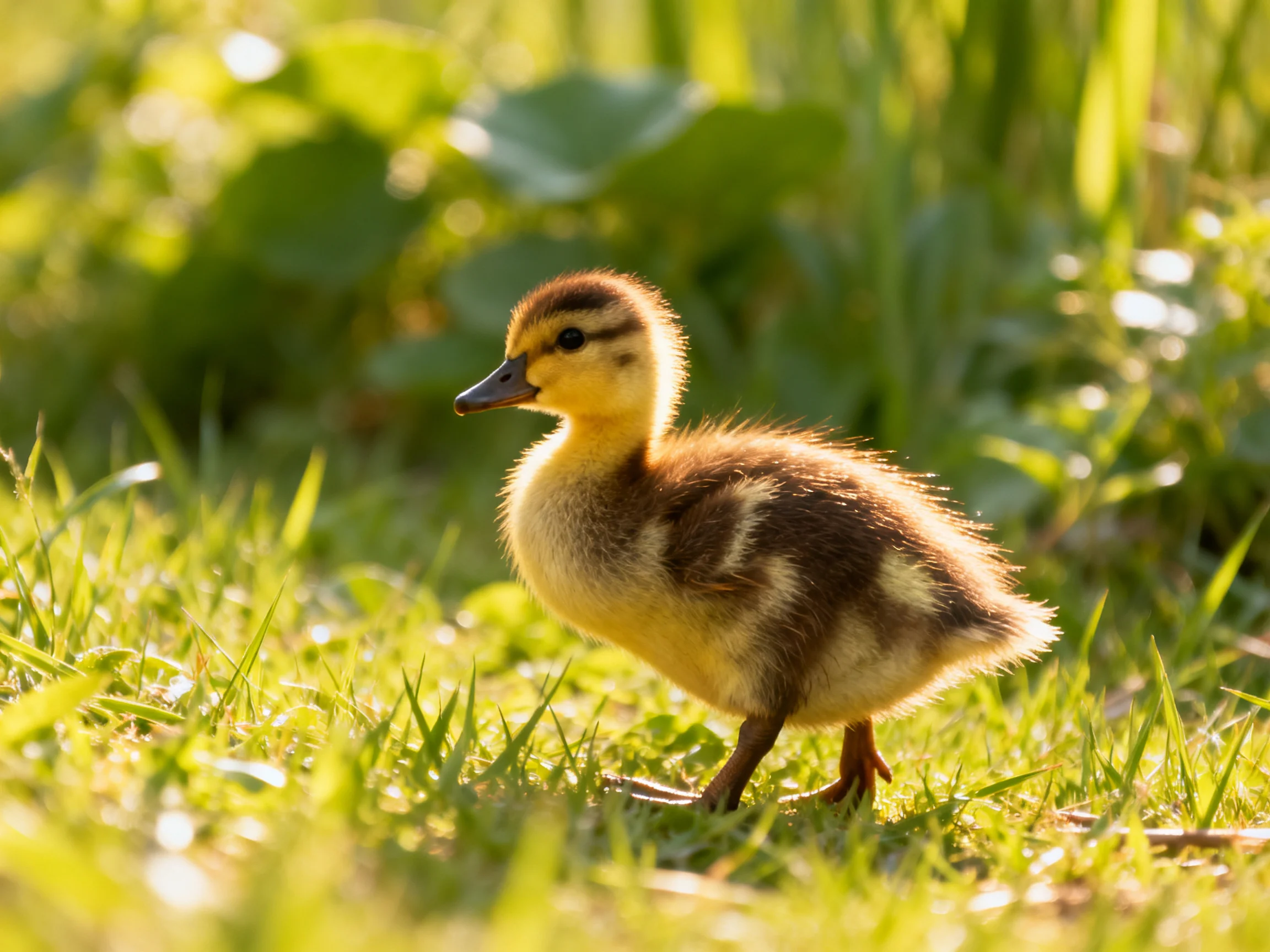 A small yellow-brown duckling walking on lush green grass