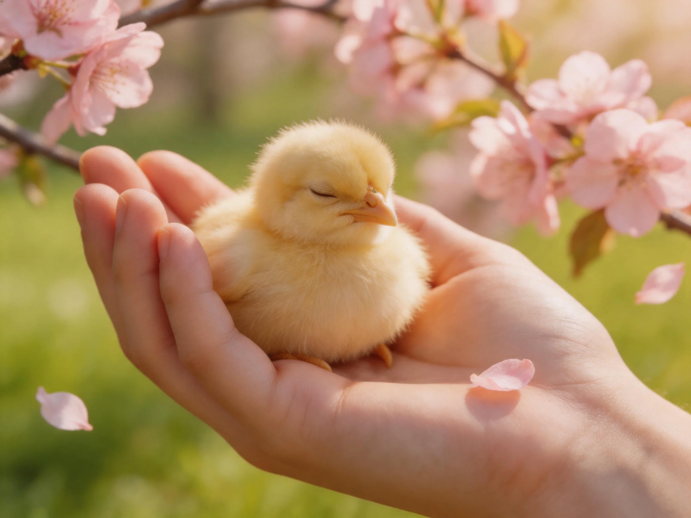 A small yellow chick in an open hand amid pink cherry blossoms