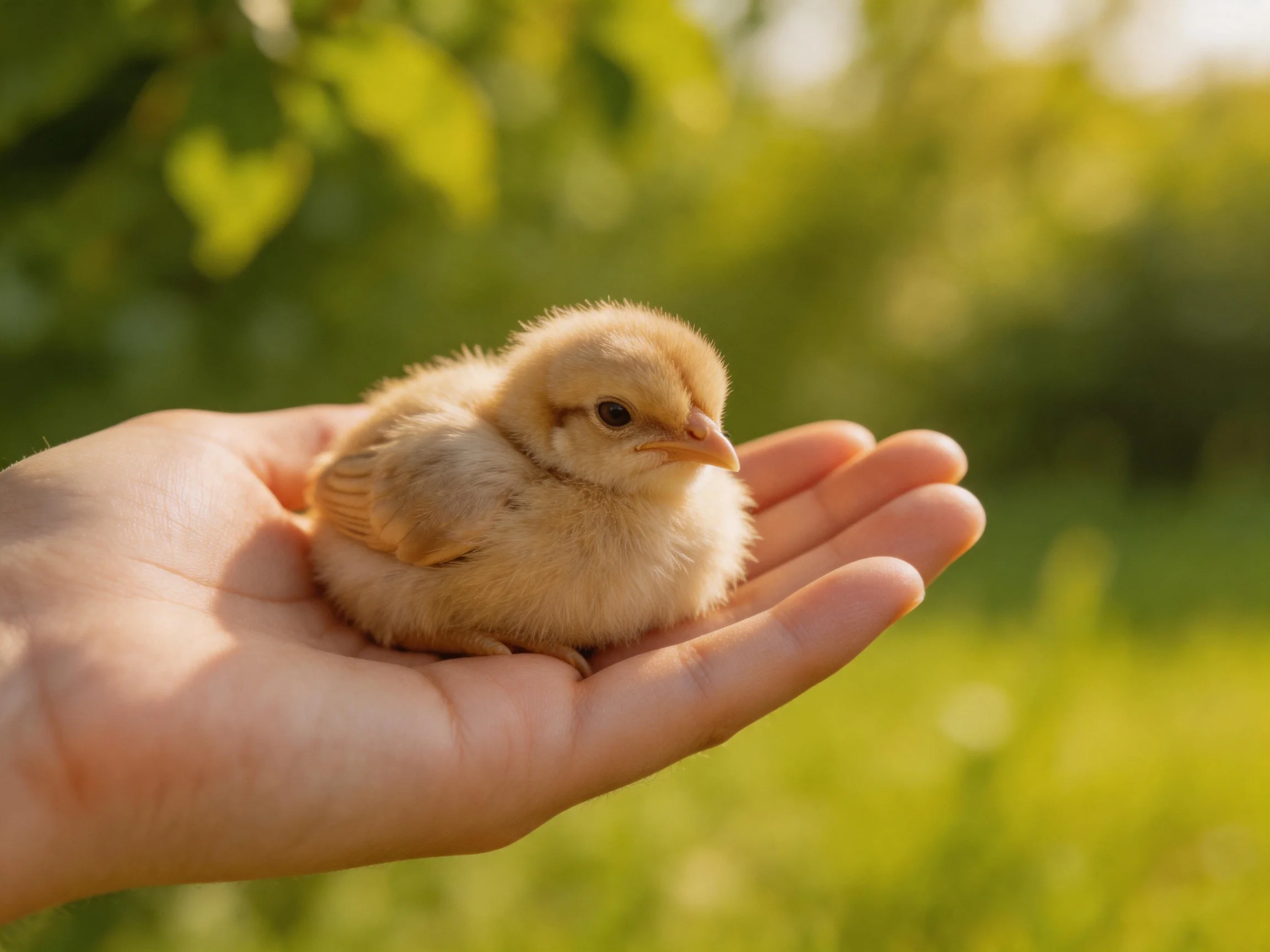 A small yellow chick nestled in an outstretched hand