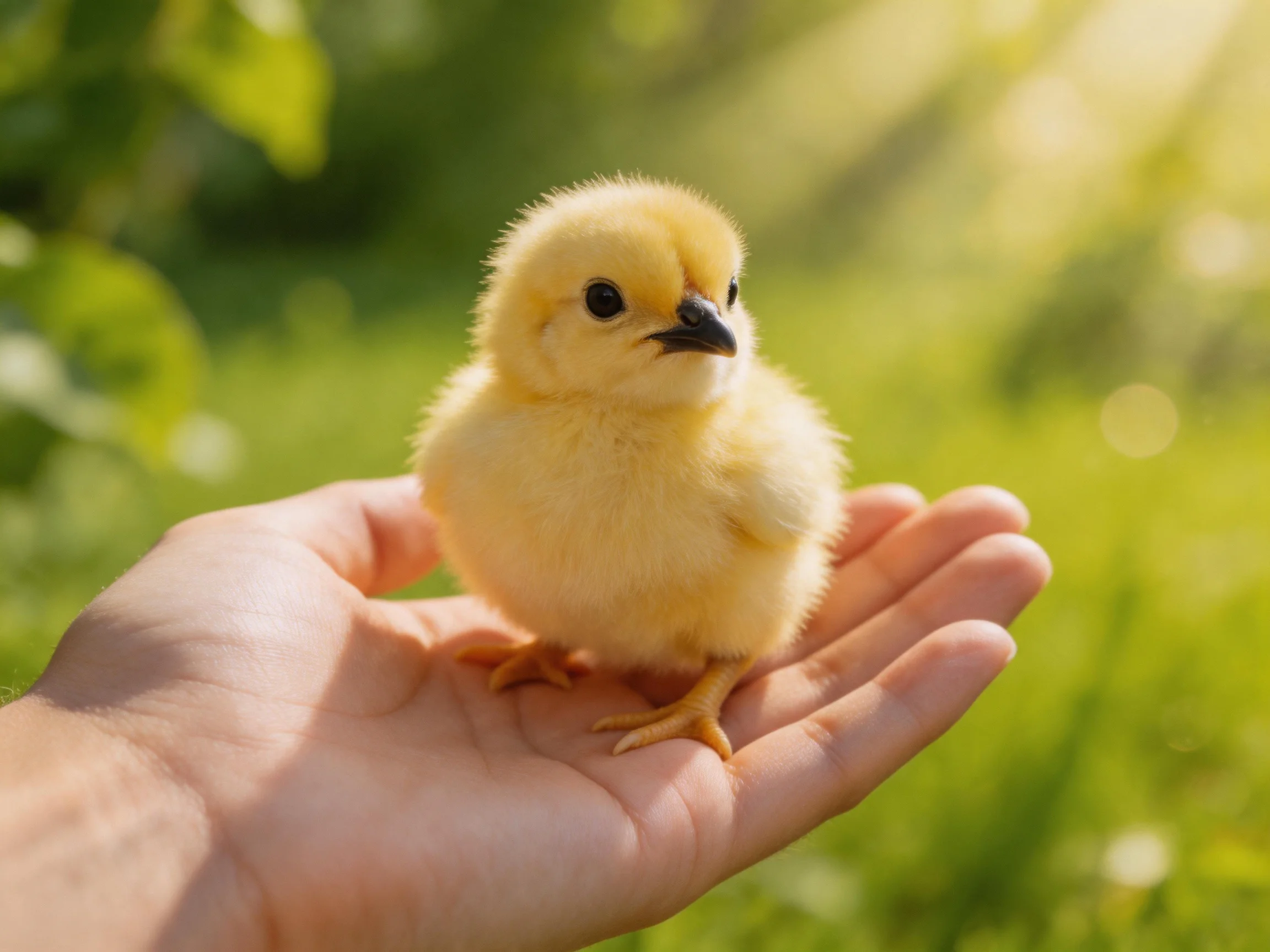 A small yellow chick perched on a human hand in a sunlit green outdoor setting