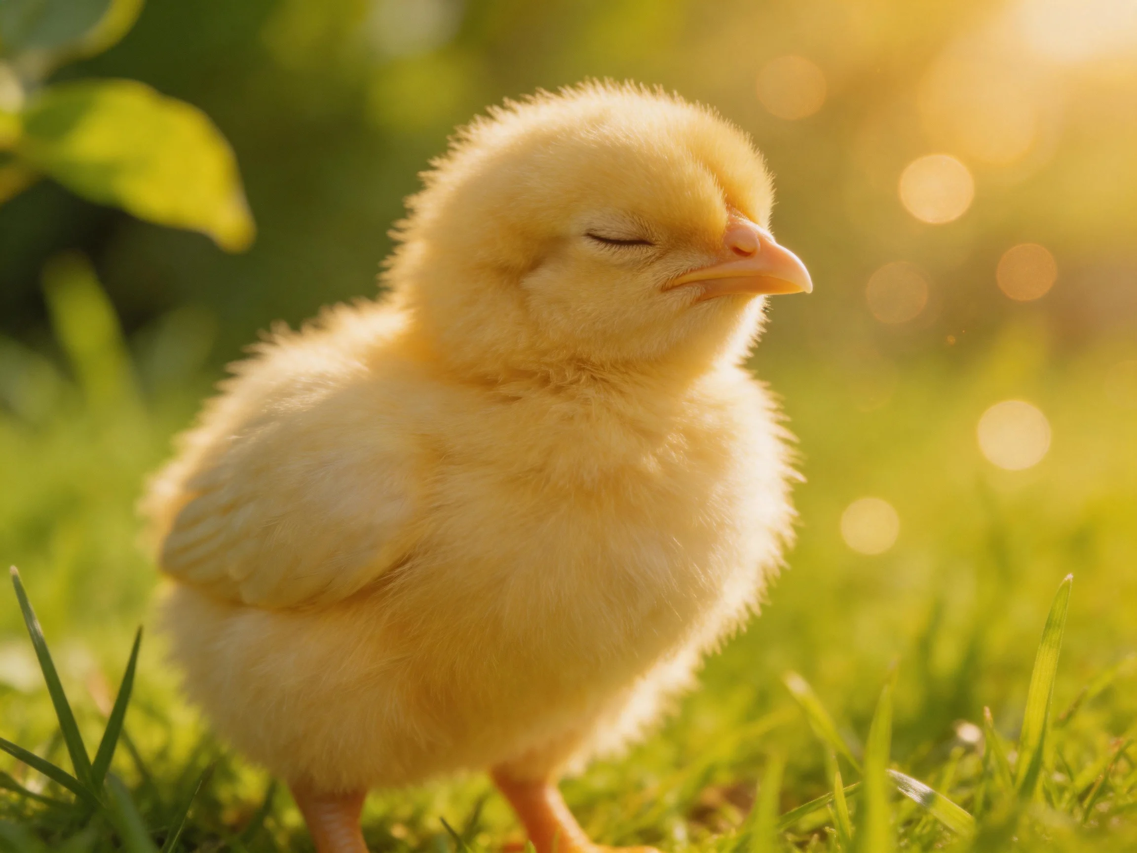 A small yellow chick rests on green grass in golden sunlight