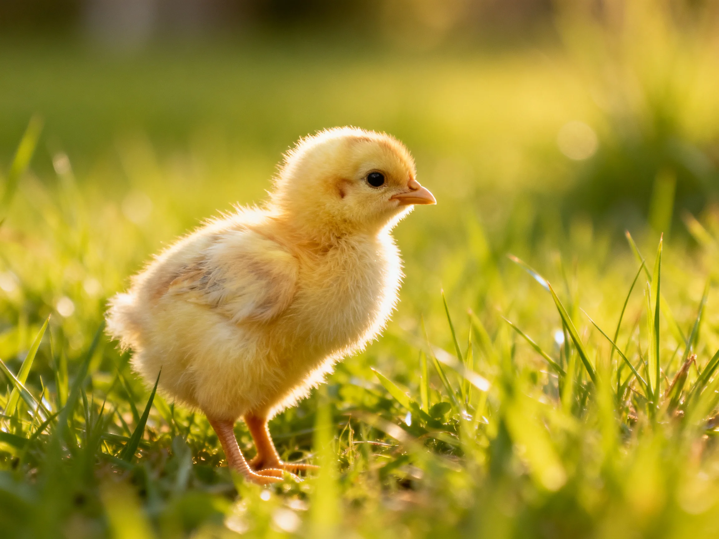 A small yellow chick standing in lush green grass bathed in warm sunlight