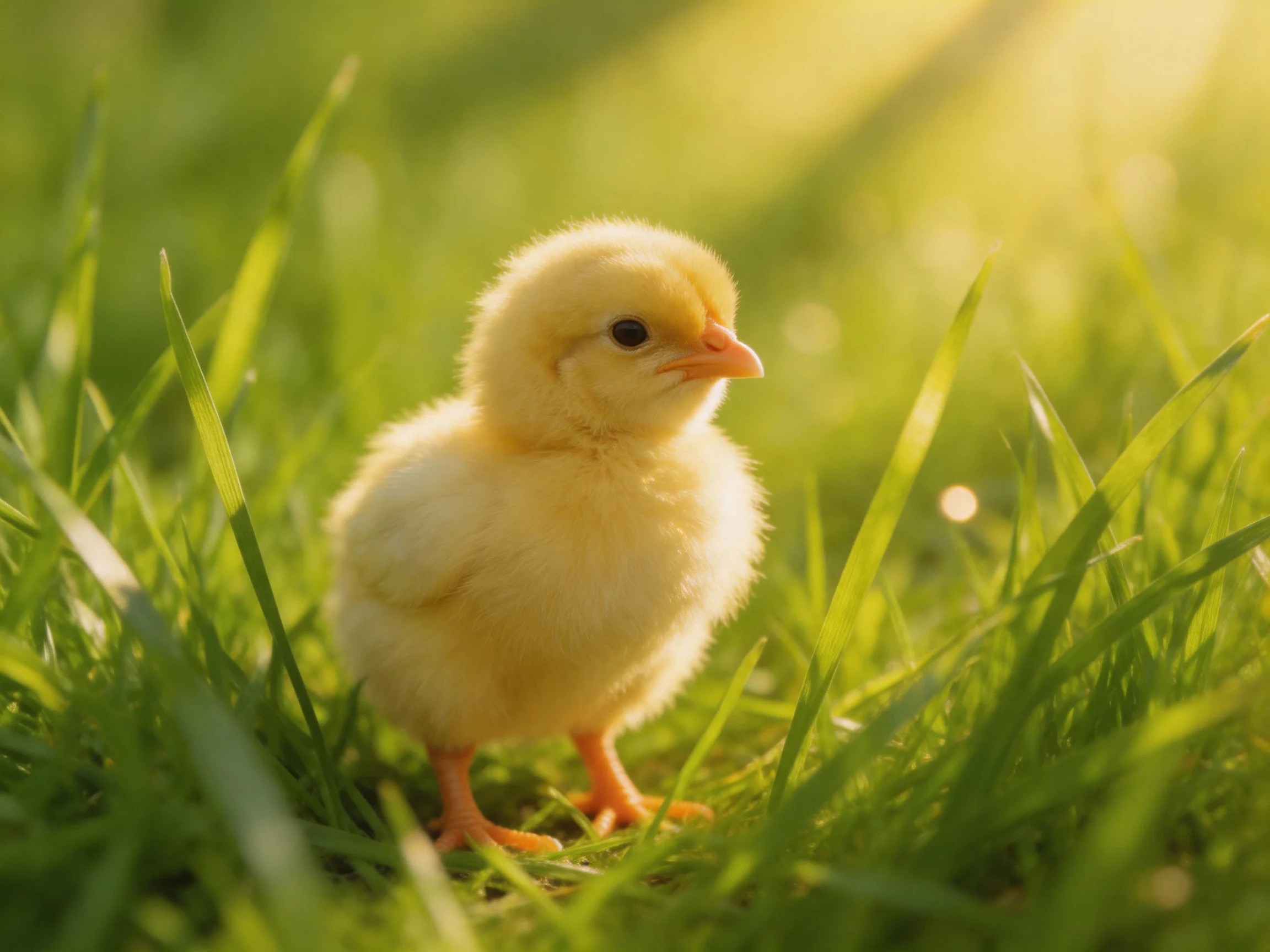 A small yellow chick standing in lush green grass under warm sunlight