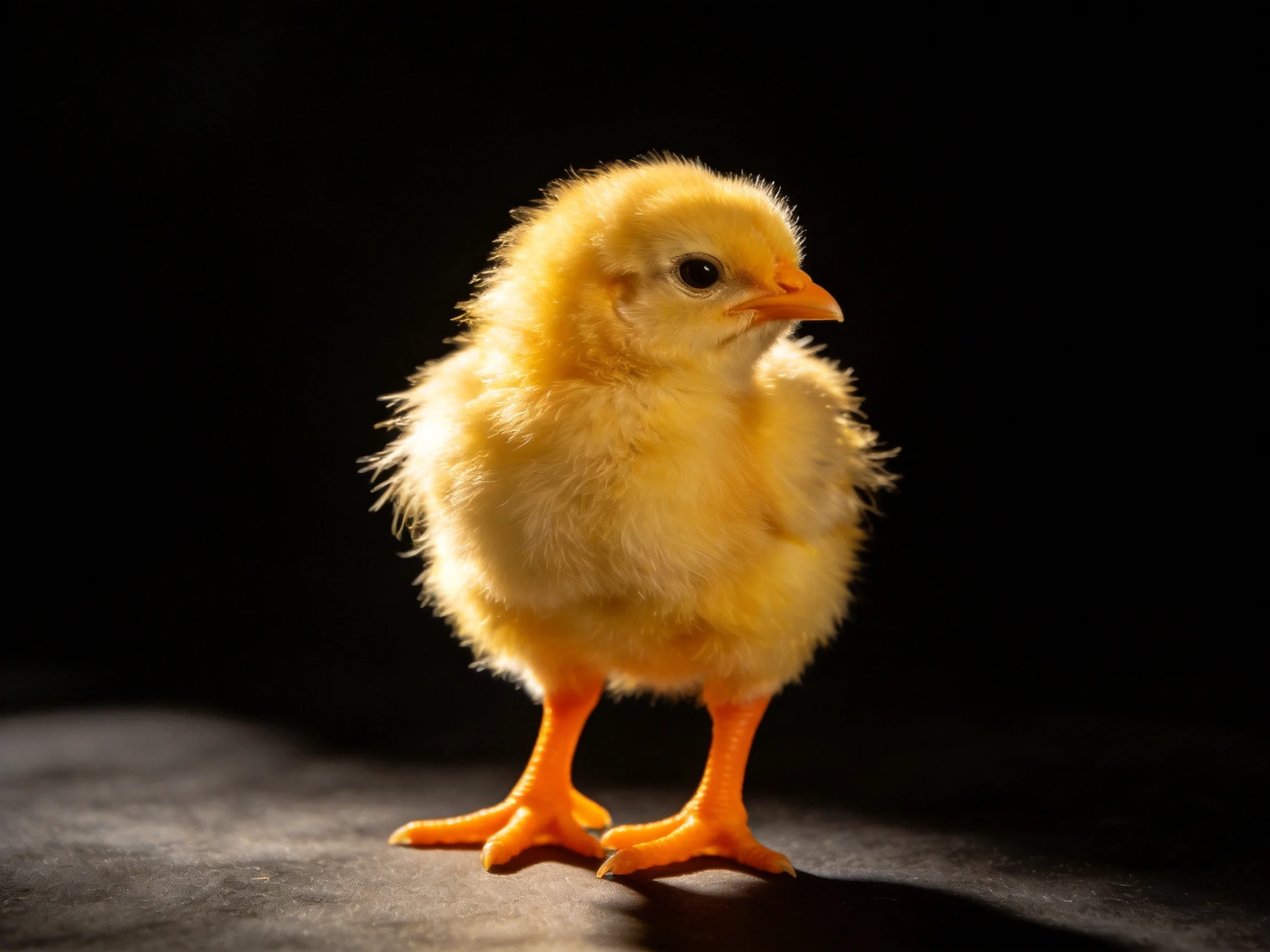 A small yellow chick stands on a dark surface with focused lighting