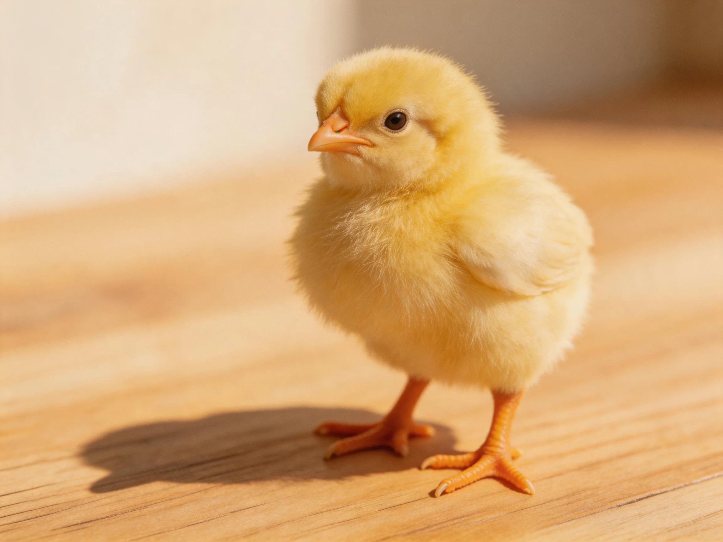 A small yellow chick stands on a light brown wooden surface