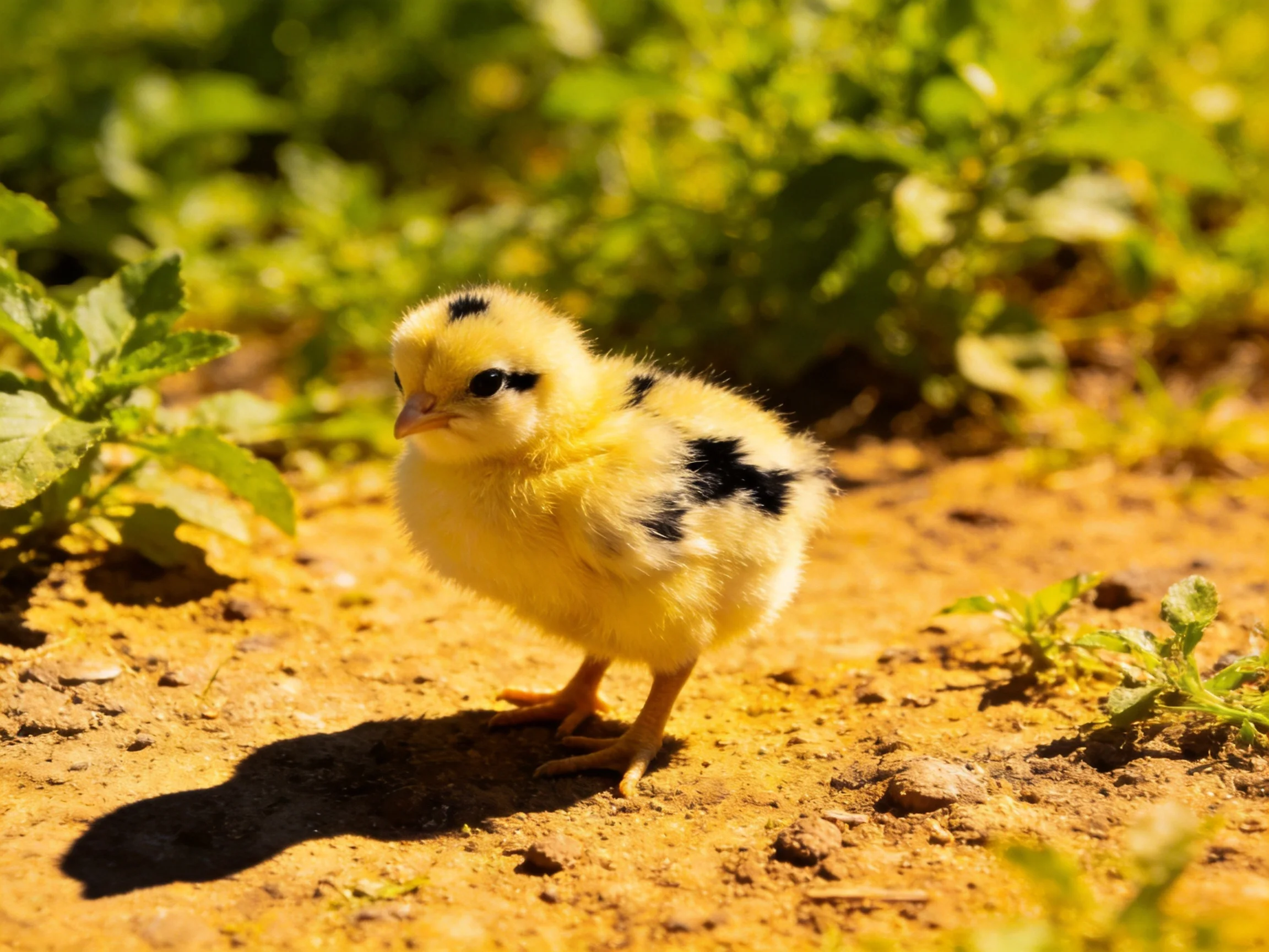 A small yellow chick with black markings stands on sunlit dirt near green foliage