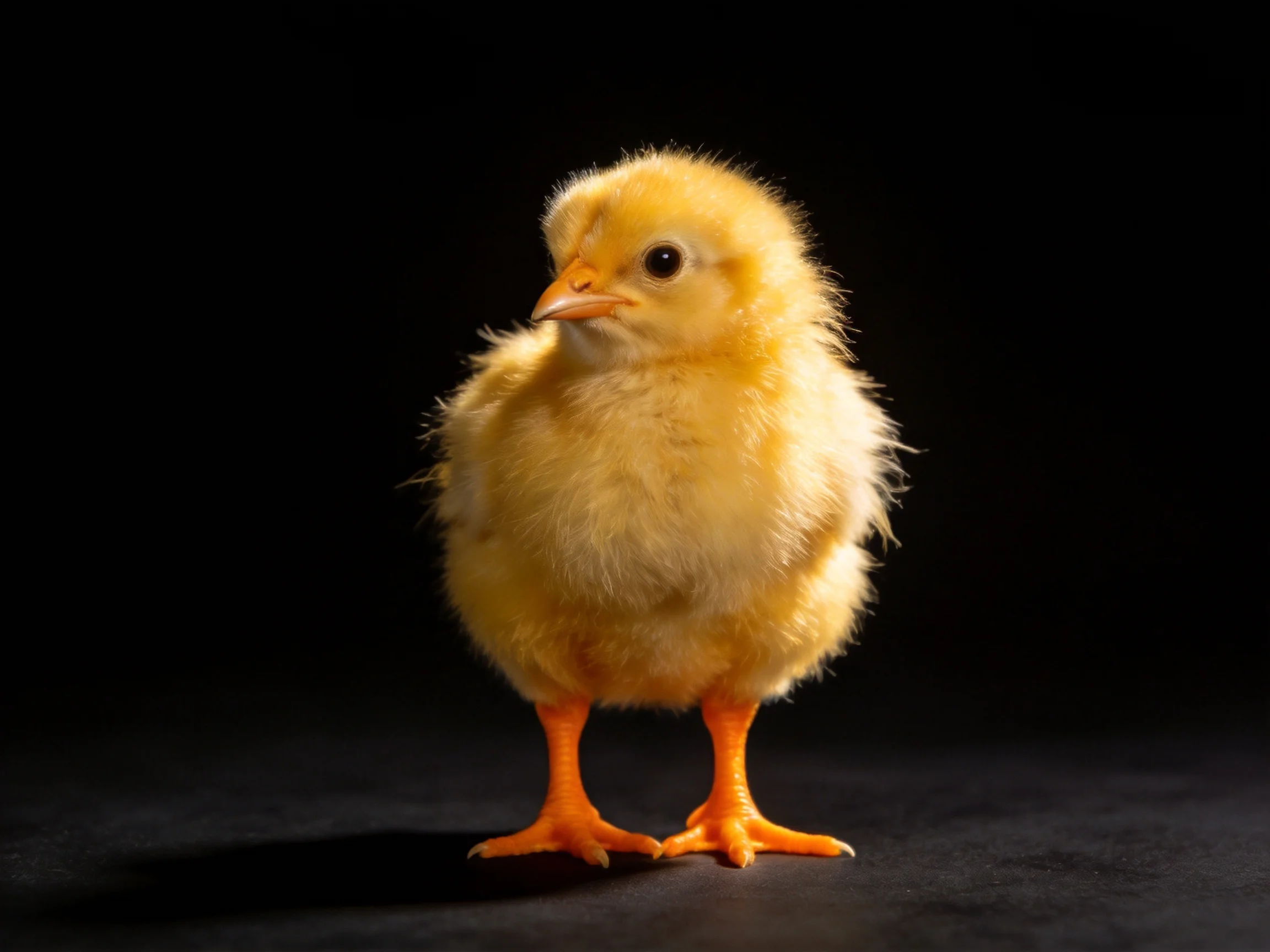 A small yellow chick with bright orange legs stands on a black surface