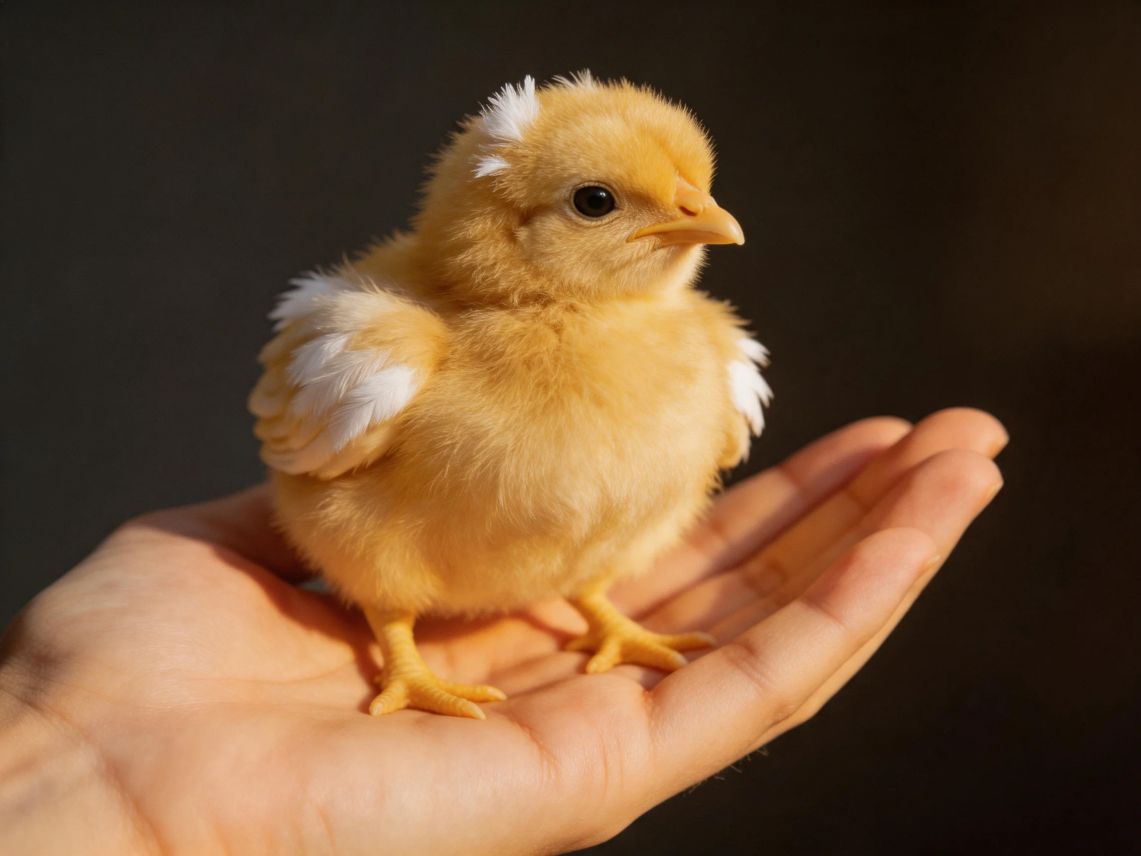 A small yellow chick with white feather patches perched on an open hand