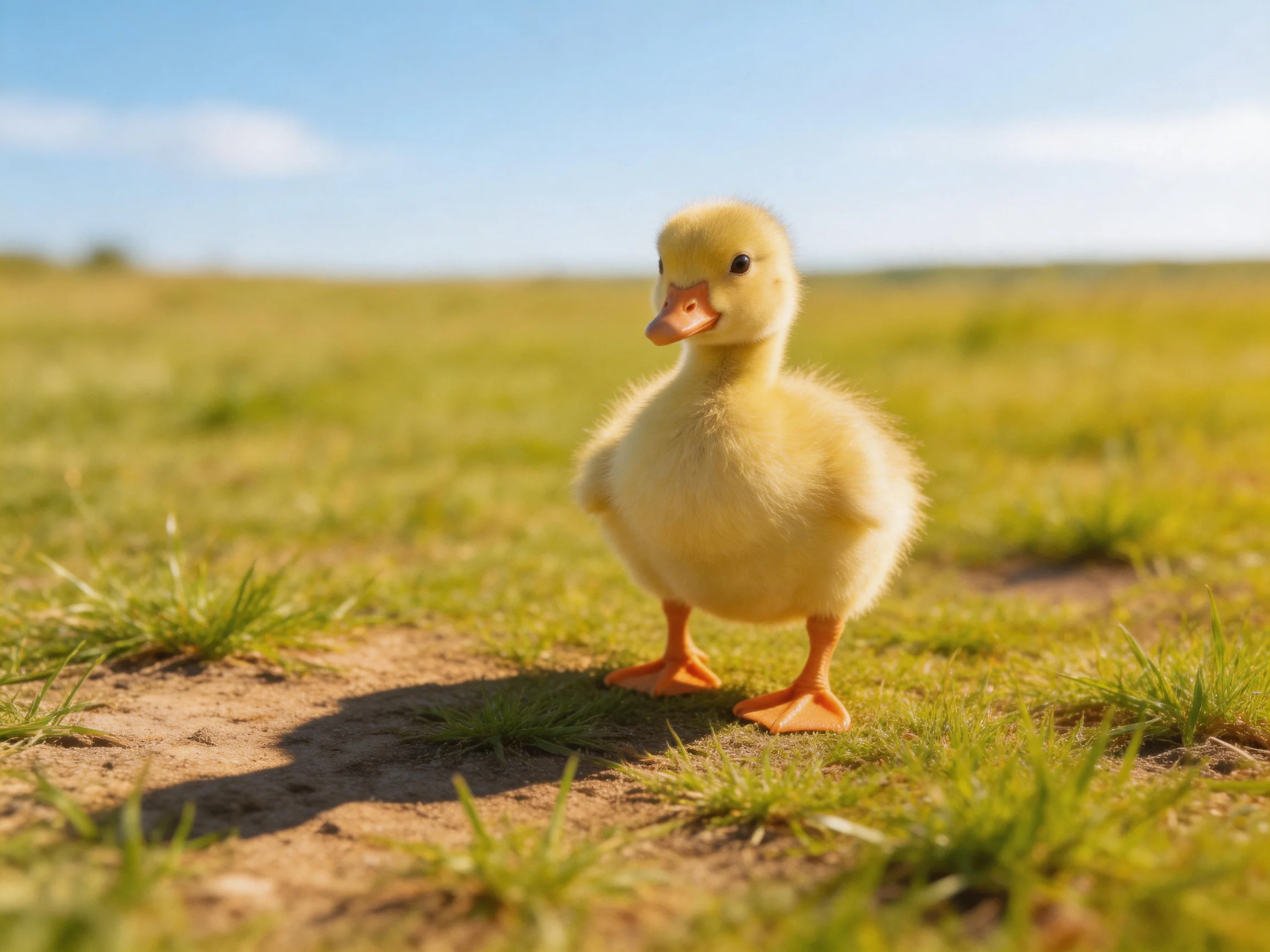 A small yellow duckling stands on a grassy dirt path under bright sunlight