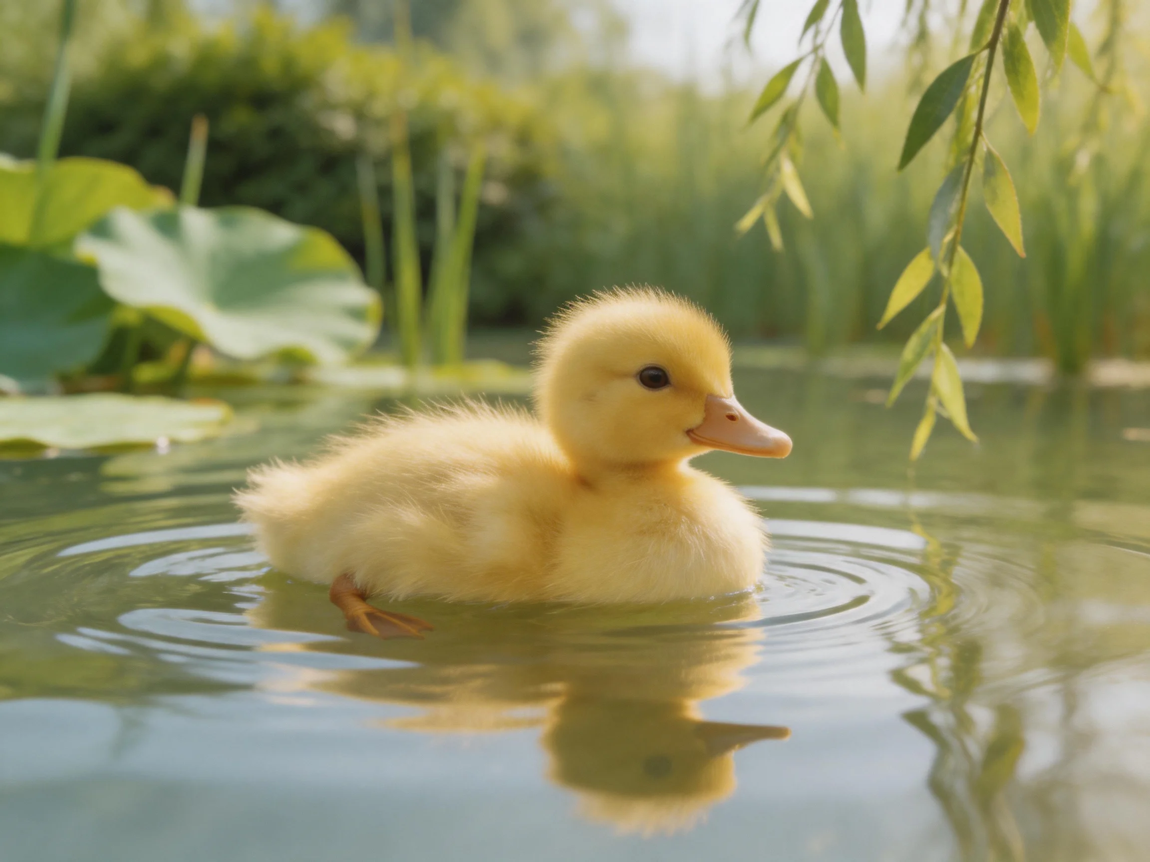 A small yellow duckling swims in calm pond waters near green plants