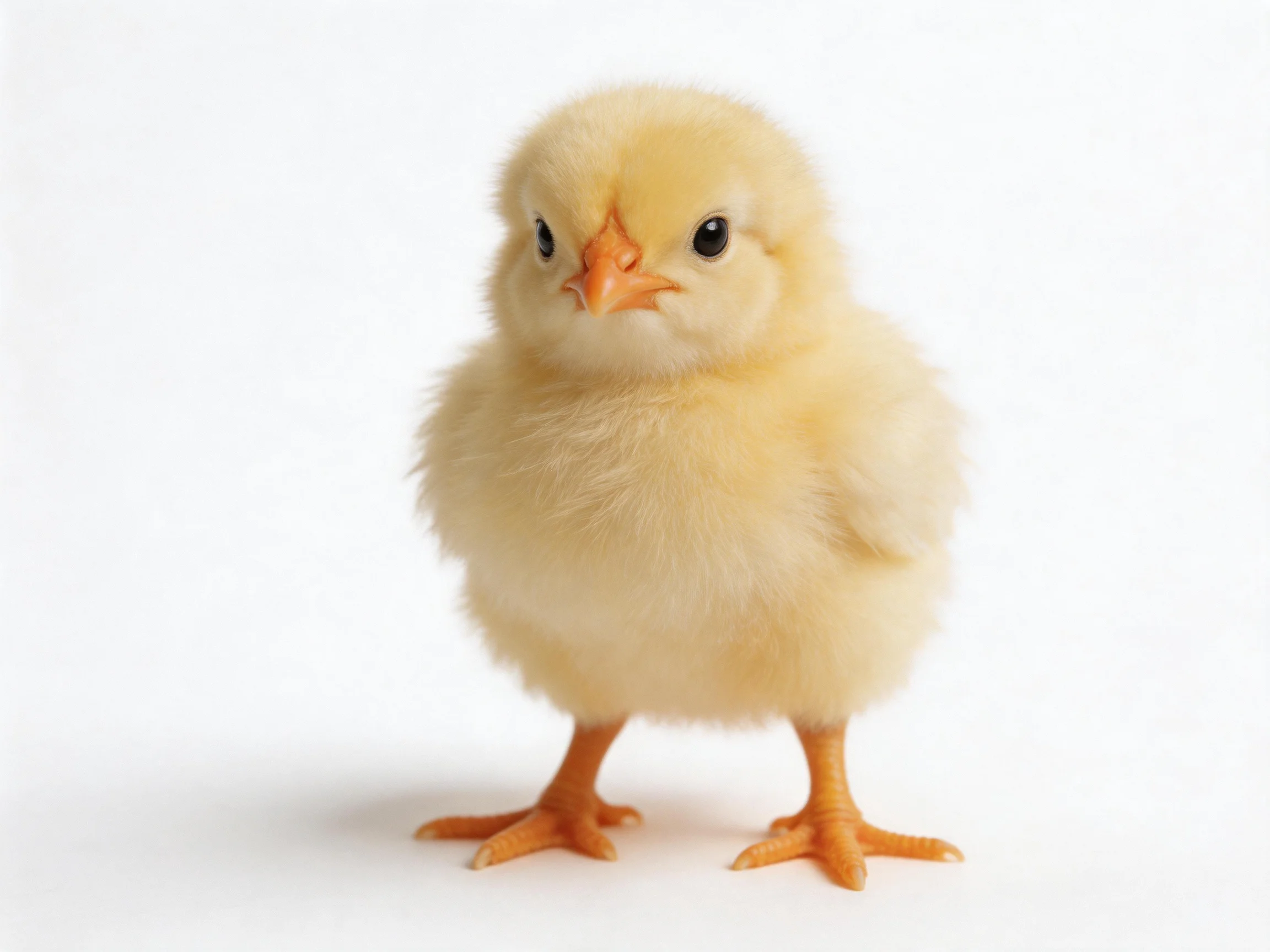 A small yellow fluffy chick standing on a plain white background