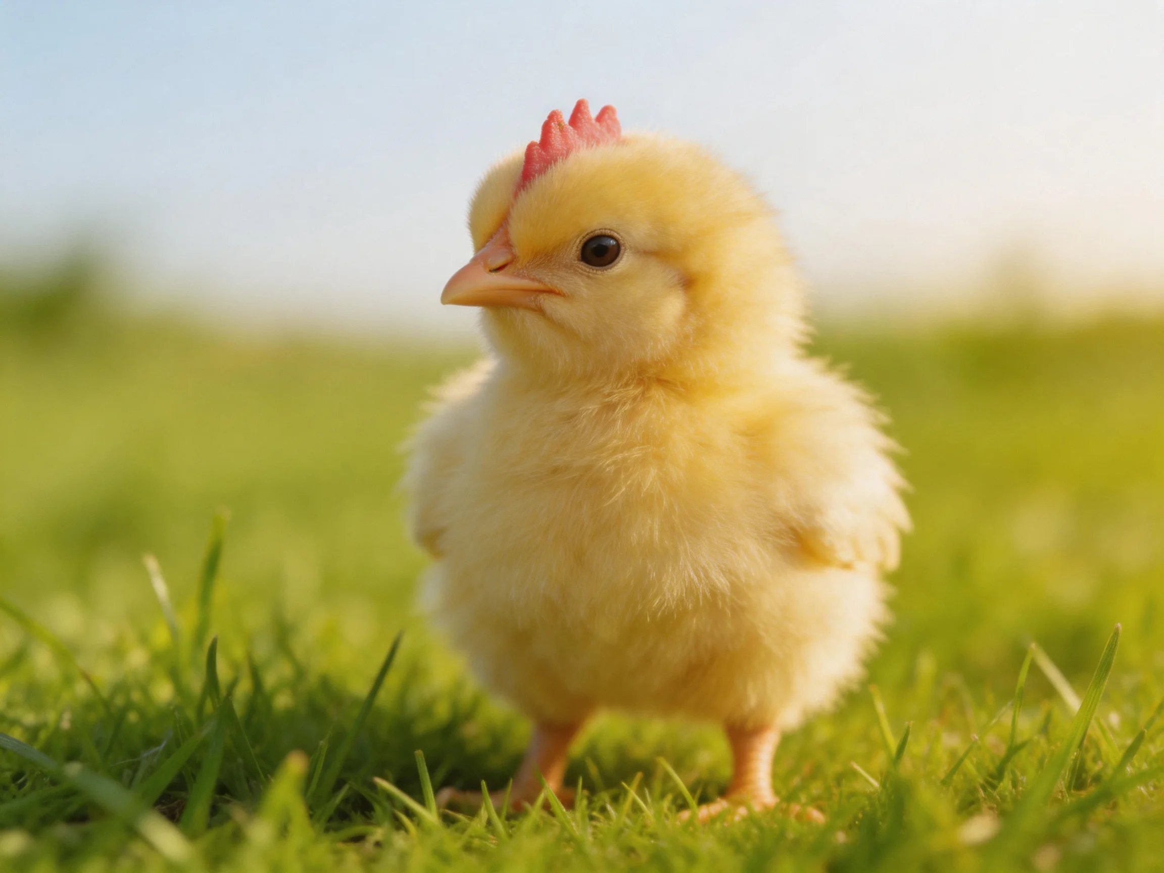 A small yellow fluffy chick standing on lush green grass