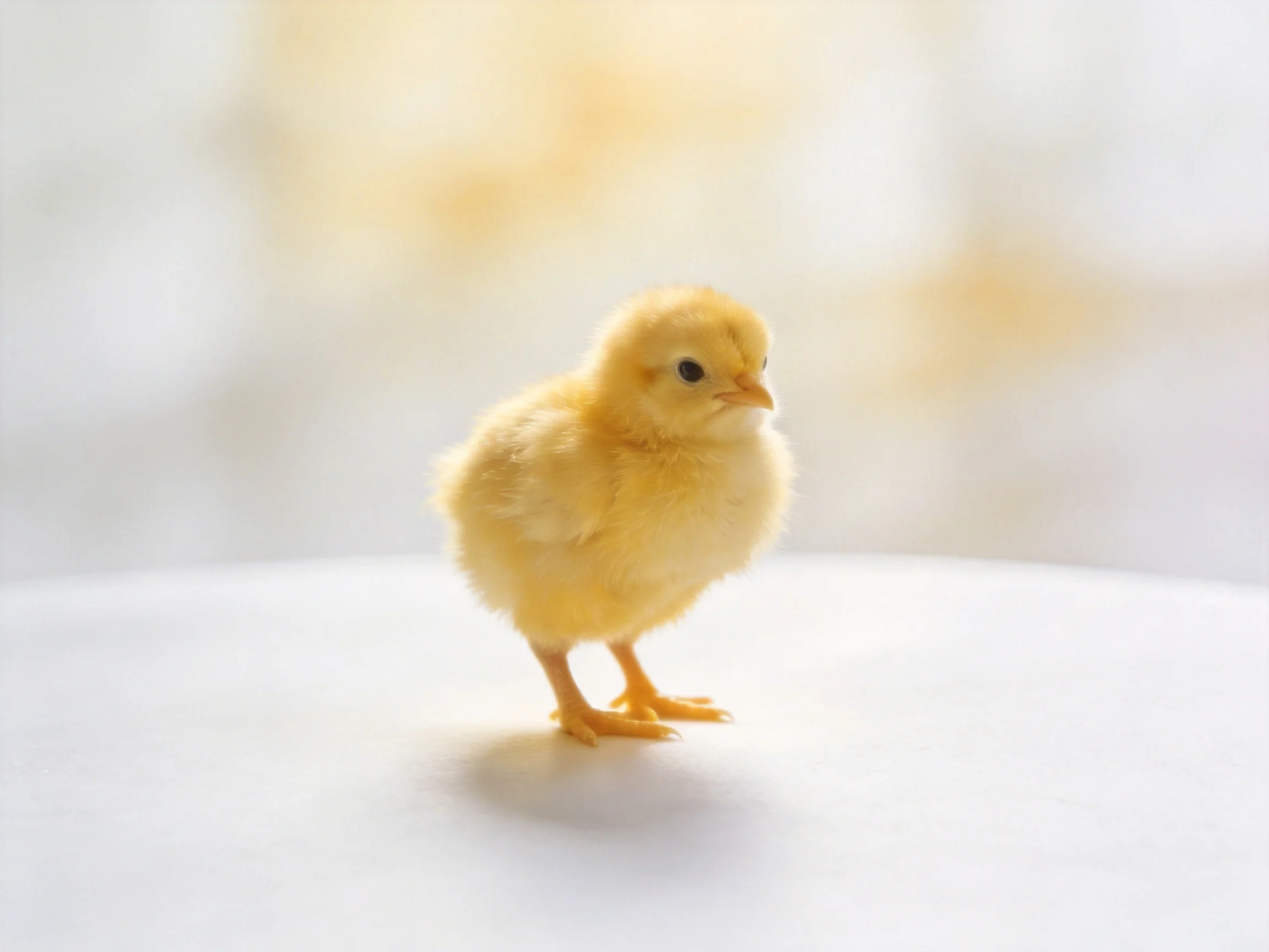 A small yellow fluffy chick stands alone on a bright white surface