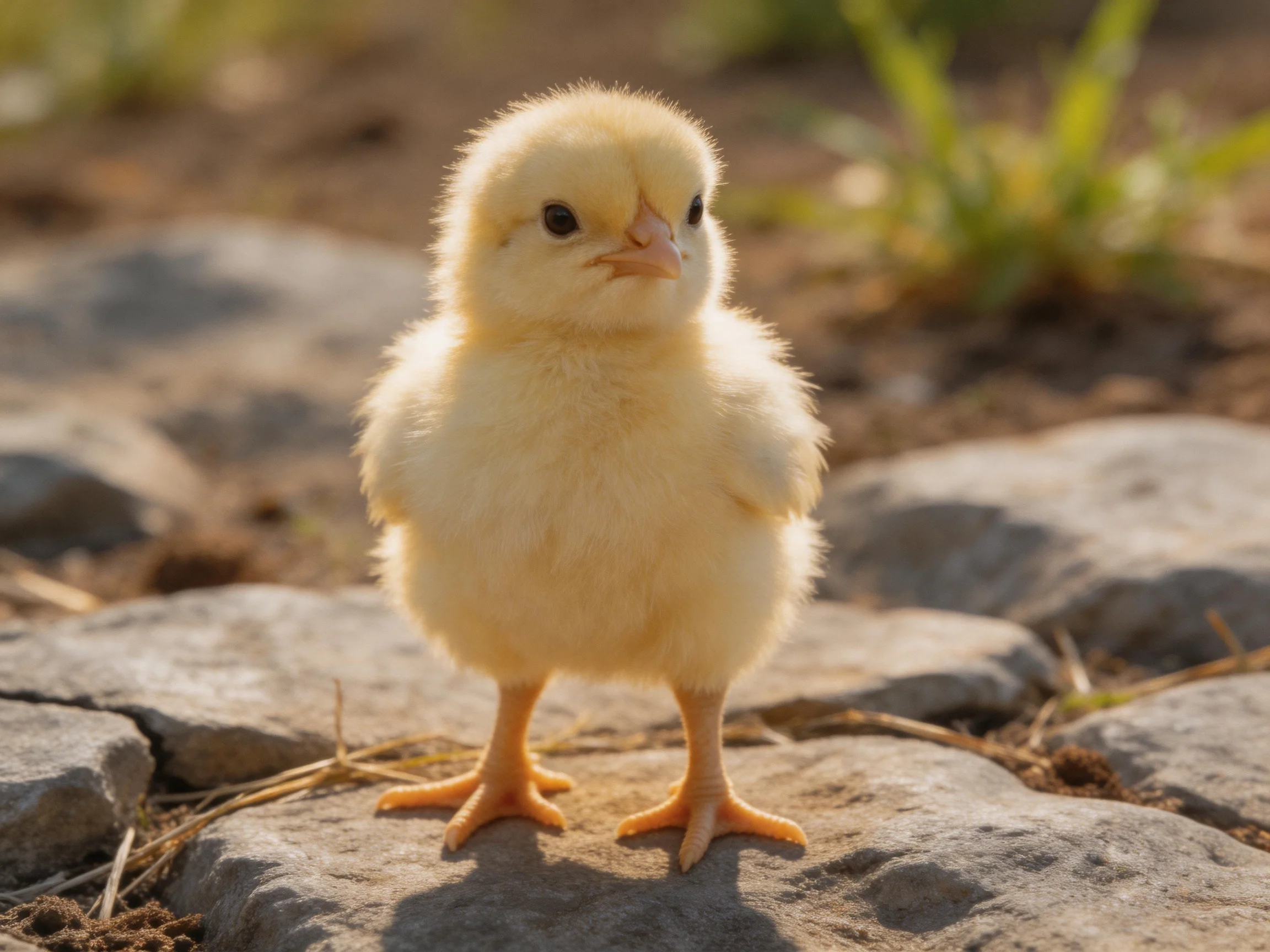 A small yellow fluffy chick stands on gray stones outdoors
