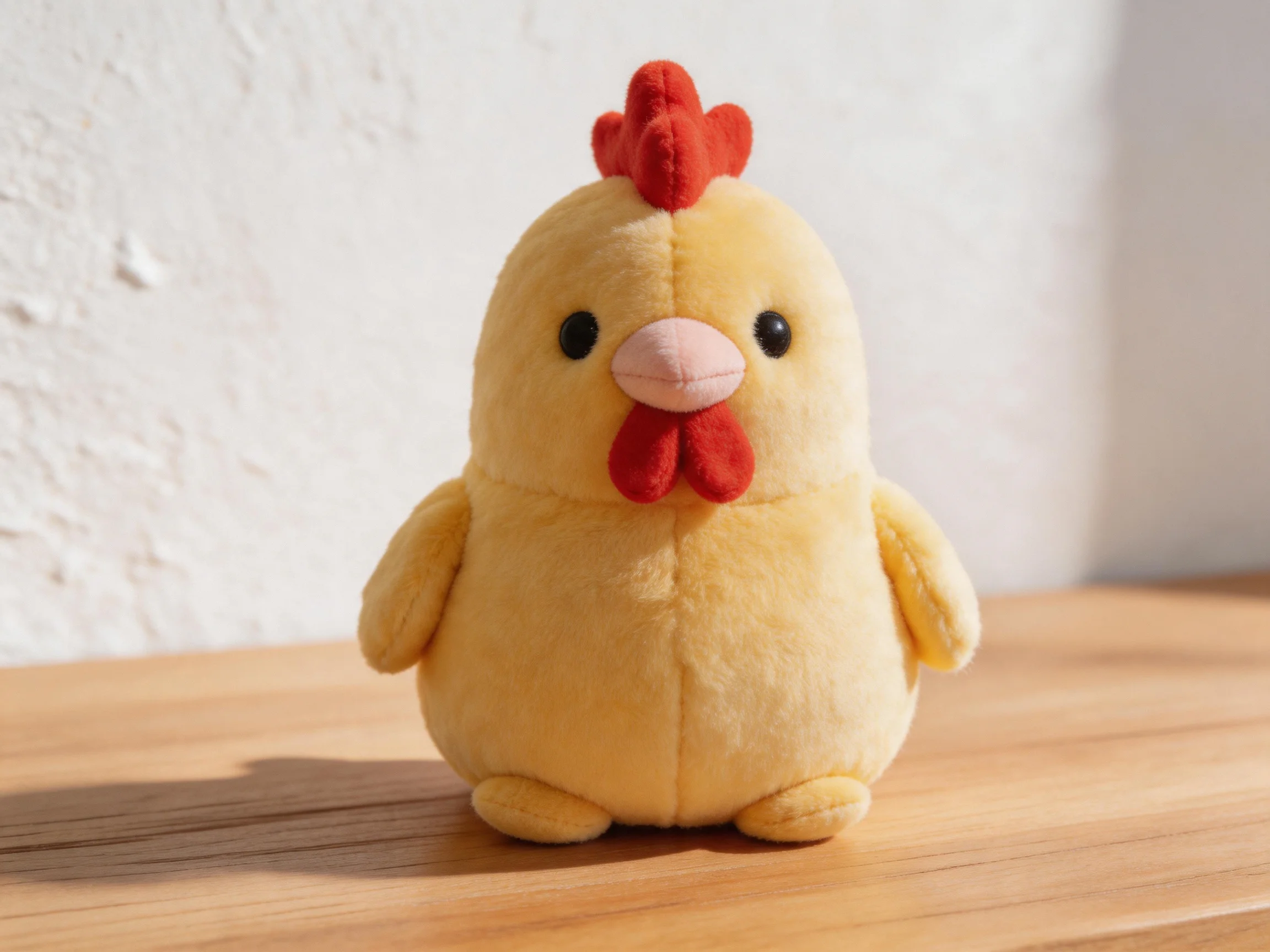 A small yellow plush chicken toy with red comb and wattle