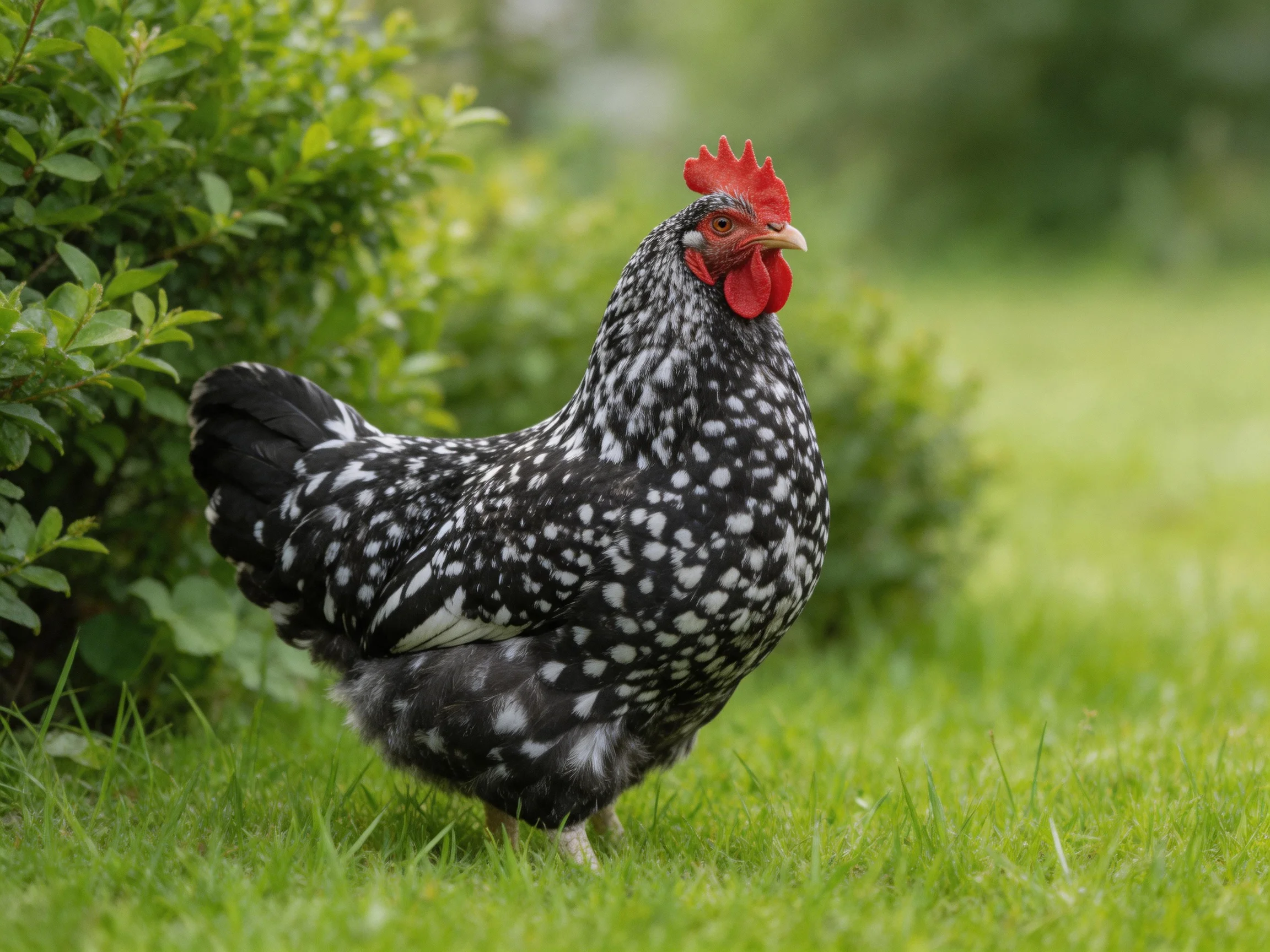 A speckled black and white hen near lush green bushes