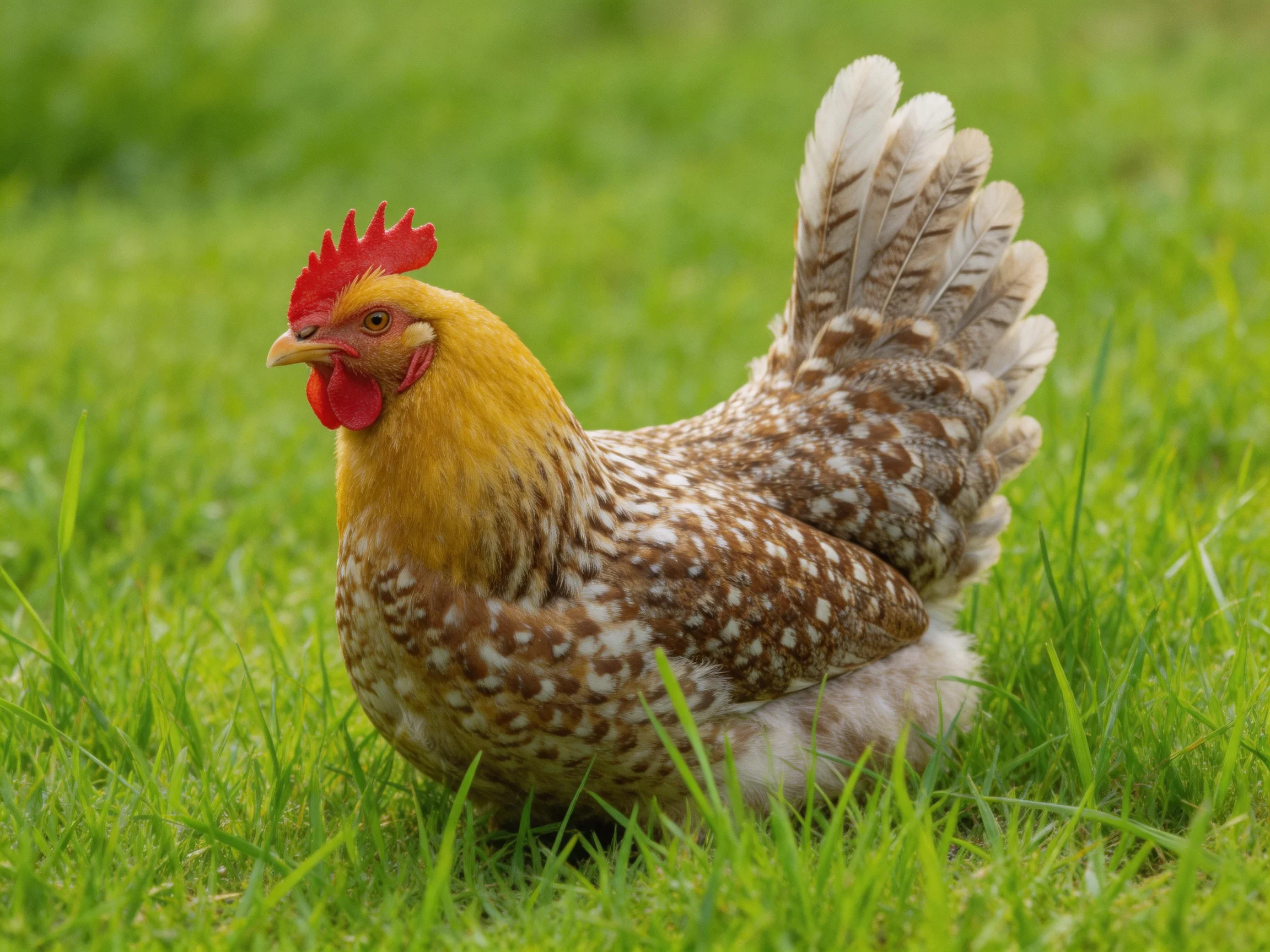 A speckled brown and white hen with a golden neck and red comb on green grass