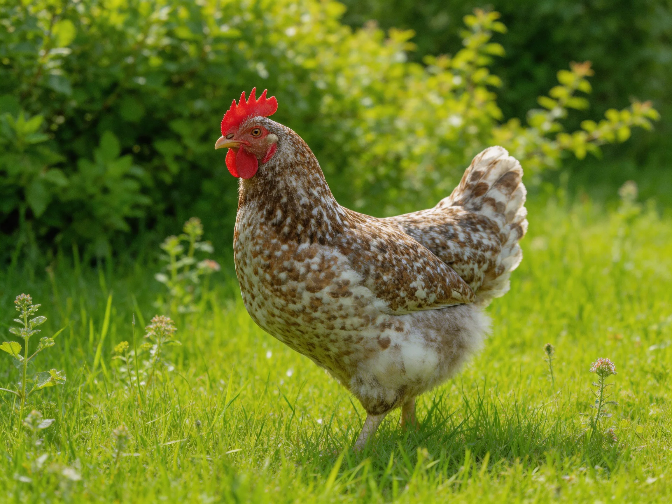 A speckled brown chicken stands in a sunlit grassy meadow with green shrubs