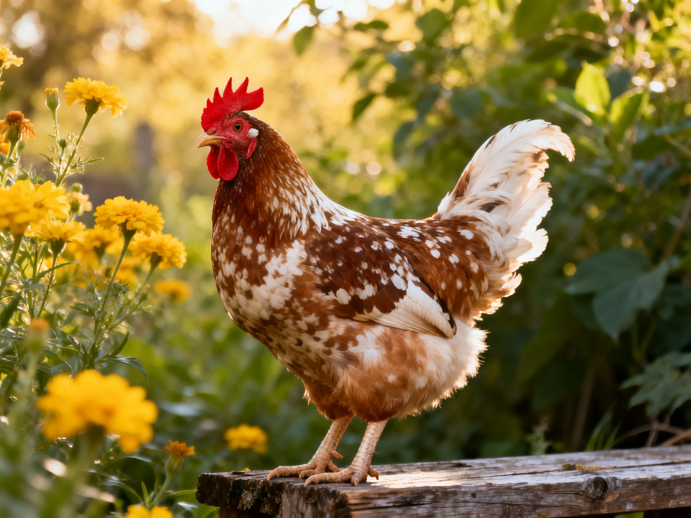 A speckled brown chicken stands near vibrant yellow flowers
