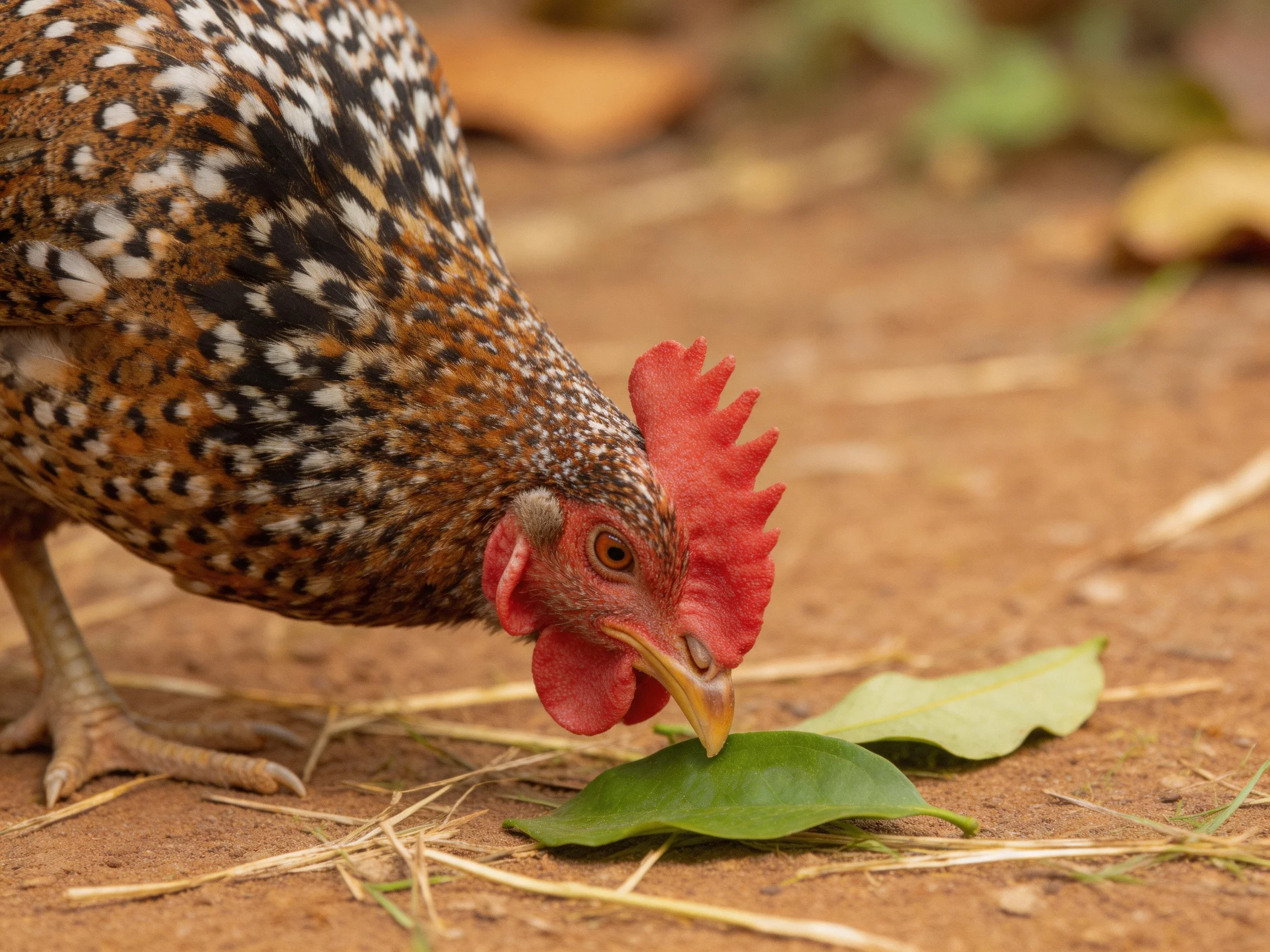 A speckled brown chicken with a red comb eats green leaves on earthy ground.
