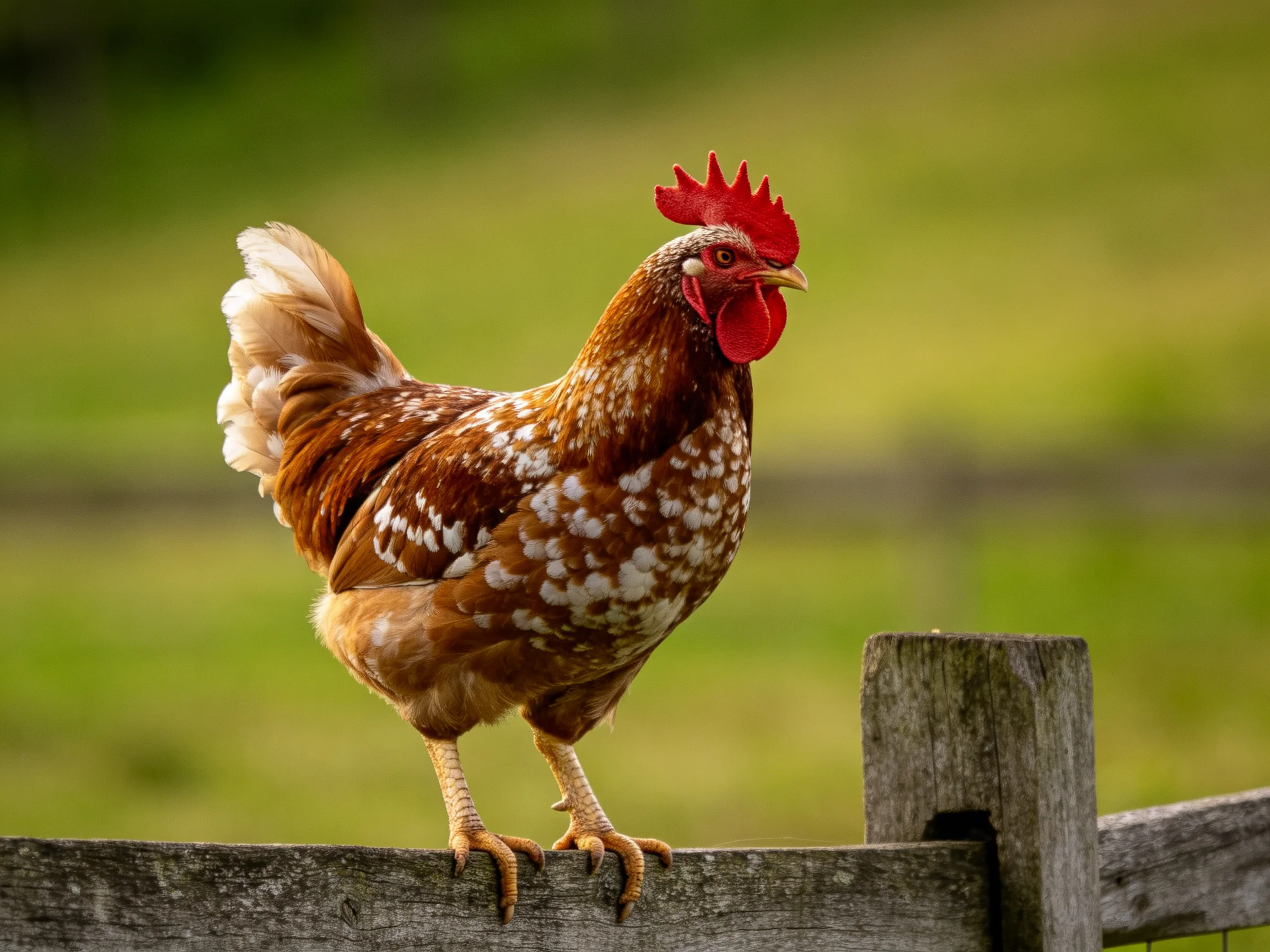 A speckled brown chicken with red comb perches on a wooden fence