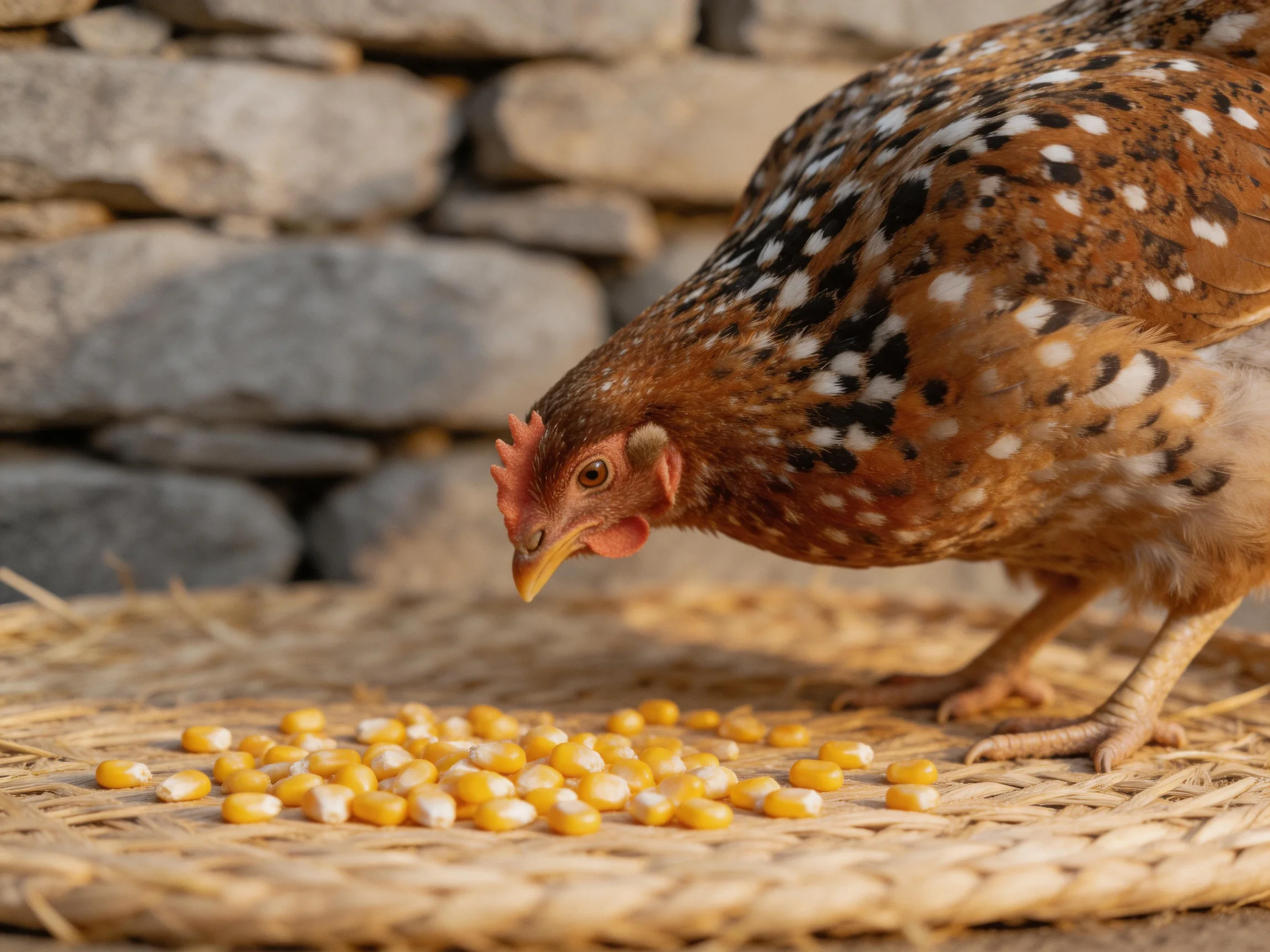 A speckled brown hen eats corn seeds on a woven straw mat with a stone wall backdrop.