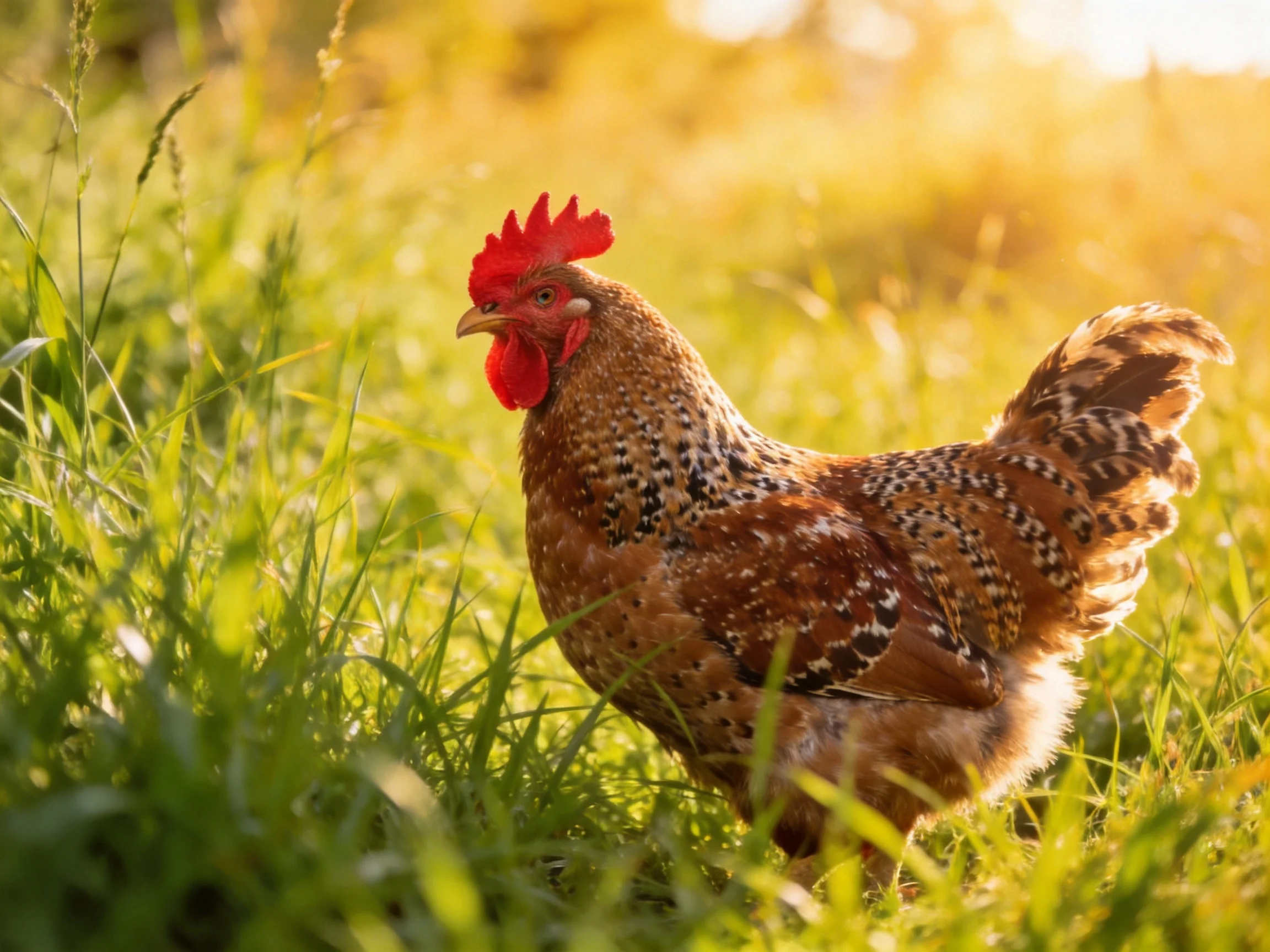 A speckled brown hen in tall green grass under golden light