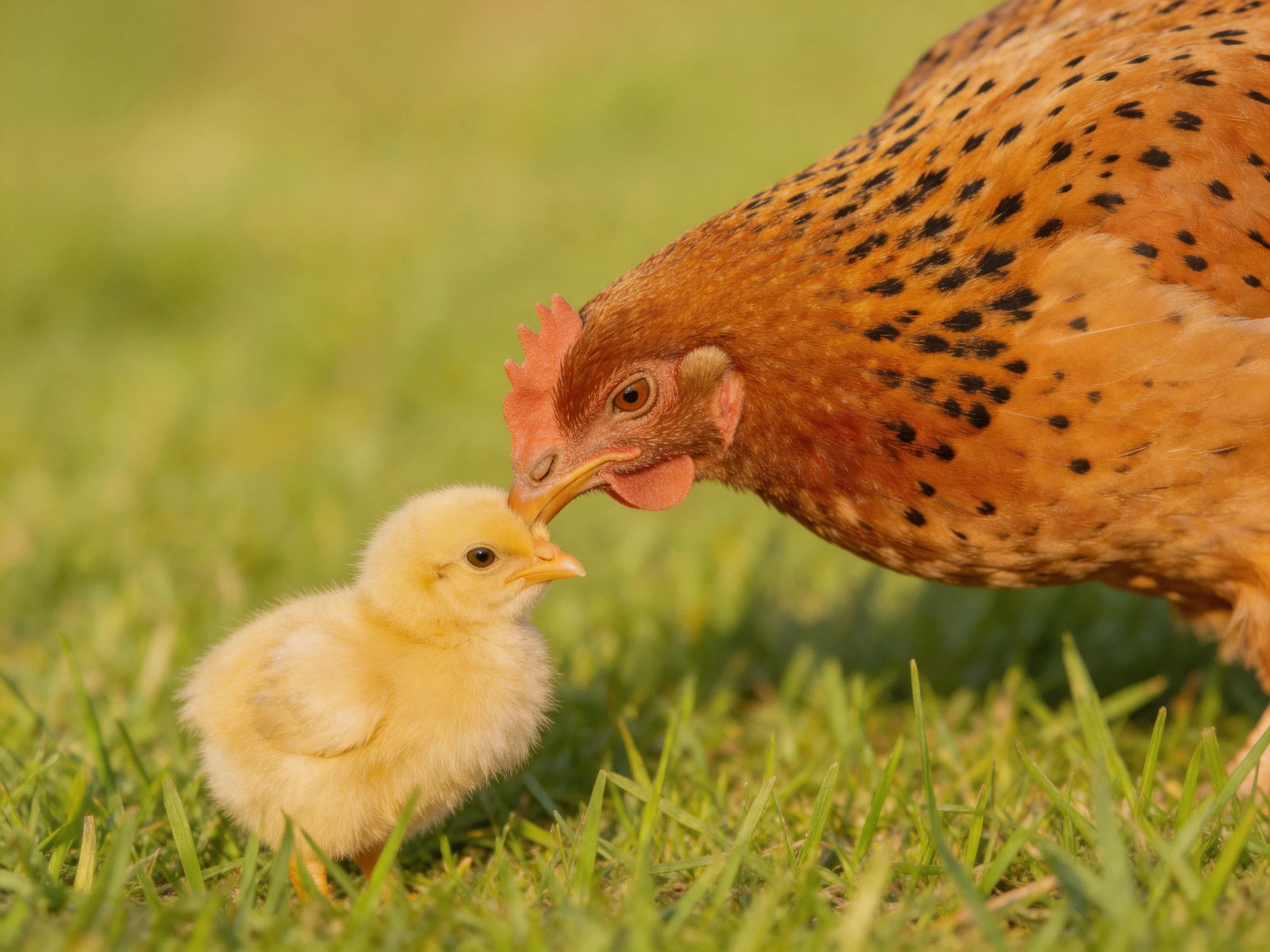 A speckled brown hen nuzzles a fluffy yellow chick on green grass