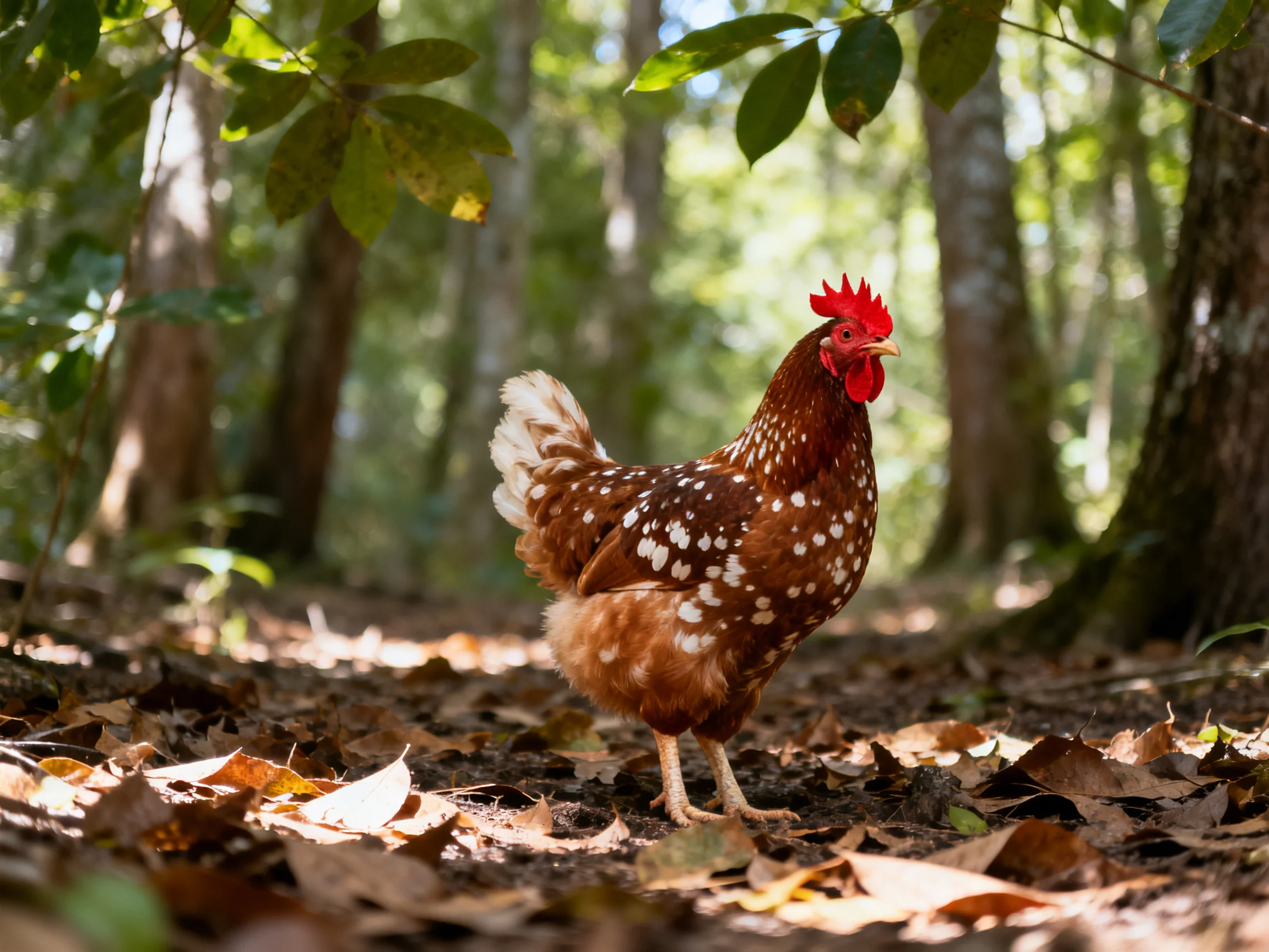 A speckled brown hen with a bright red comb stands amid fallen leaves in a sun-dappled forest