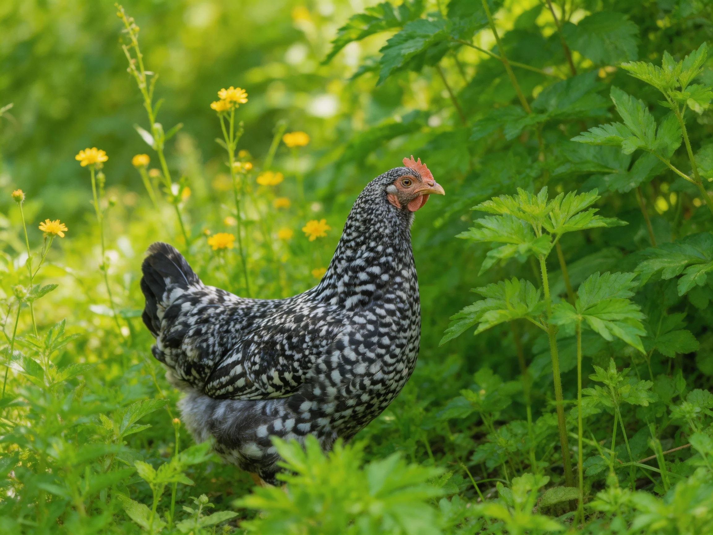 A speckled chicken explores lush greenery with yellow wildflowers