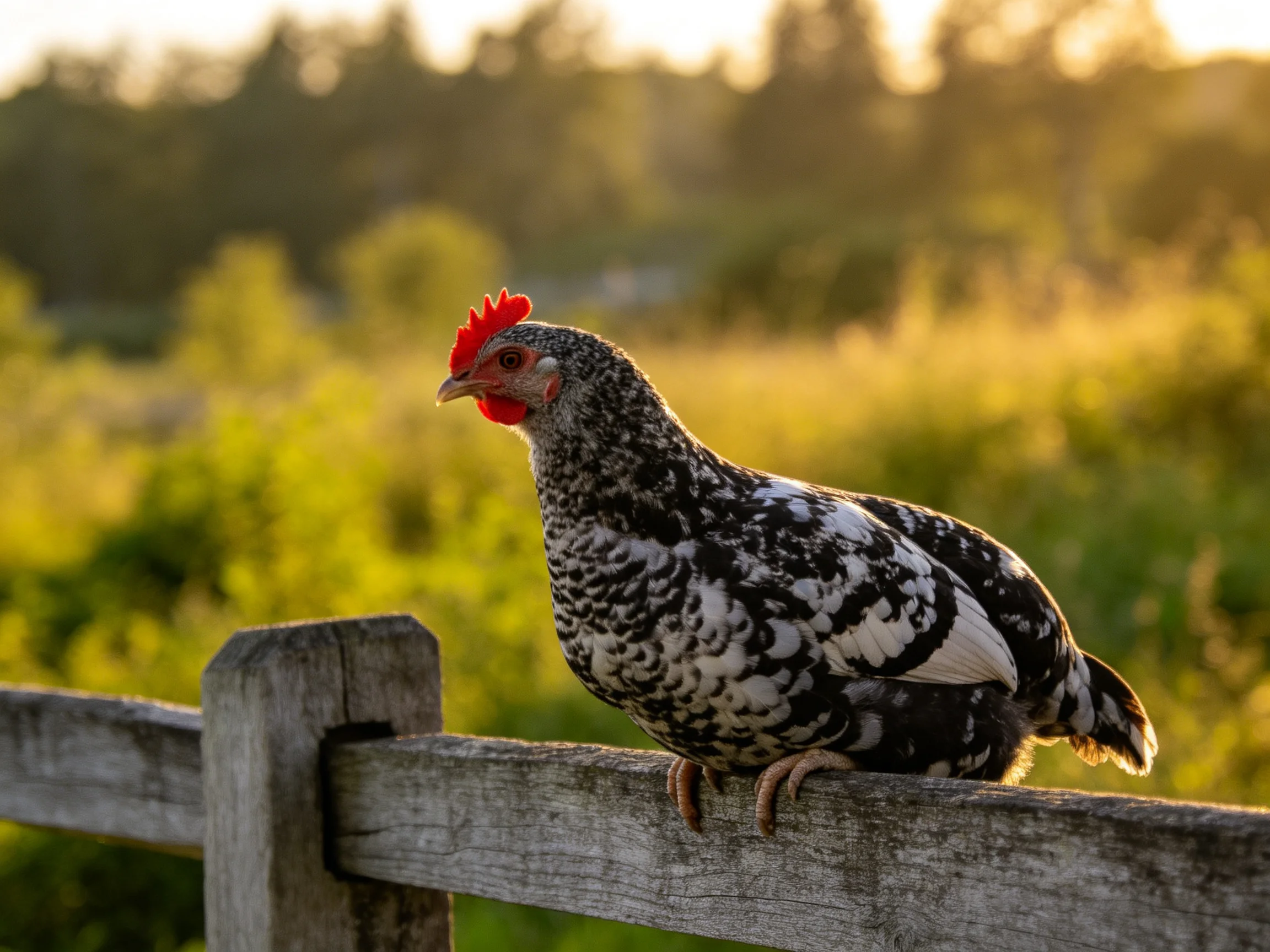 A speckled chicken perched on a weathered wooden fence during golden-hour light