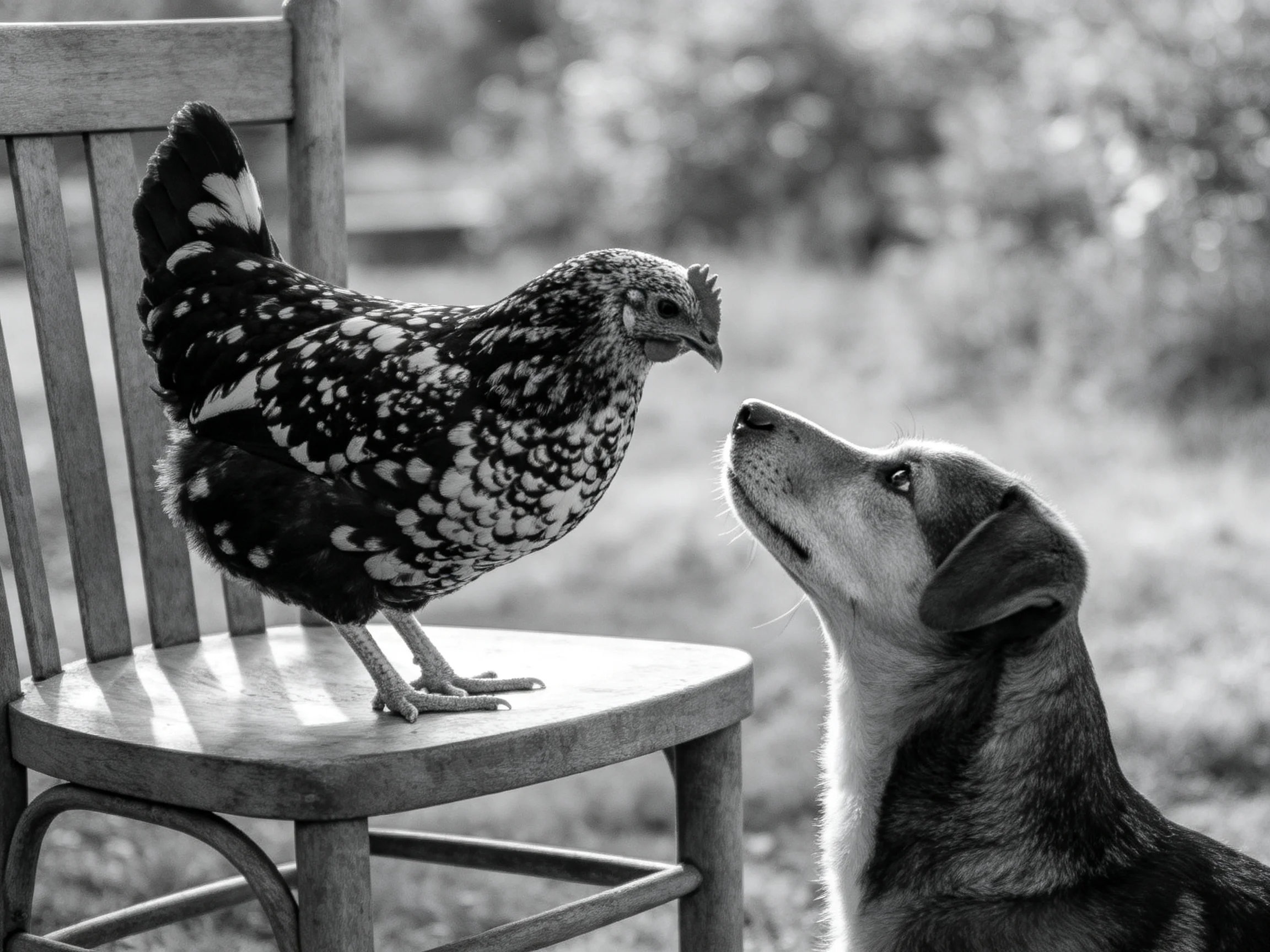 A speckled chicken perches on a wooden chair beside an attentive dog