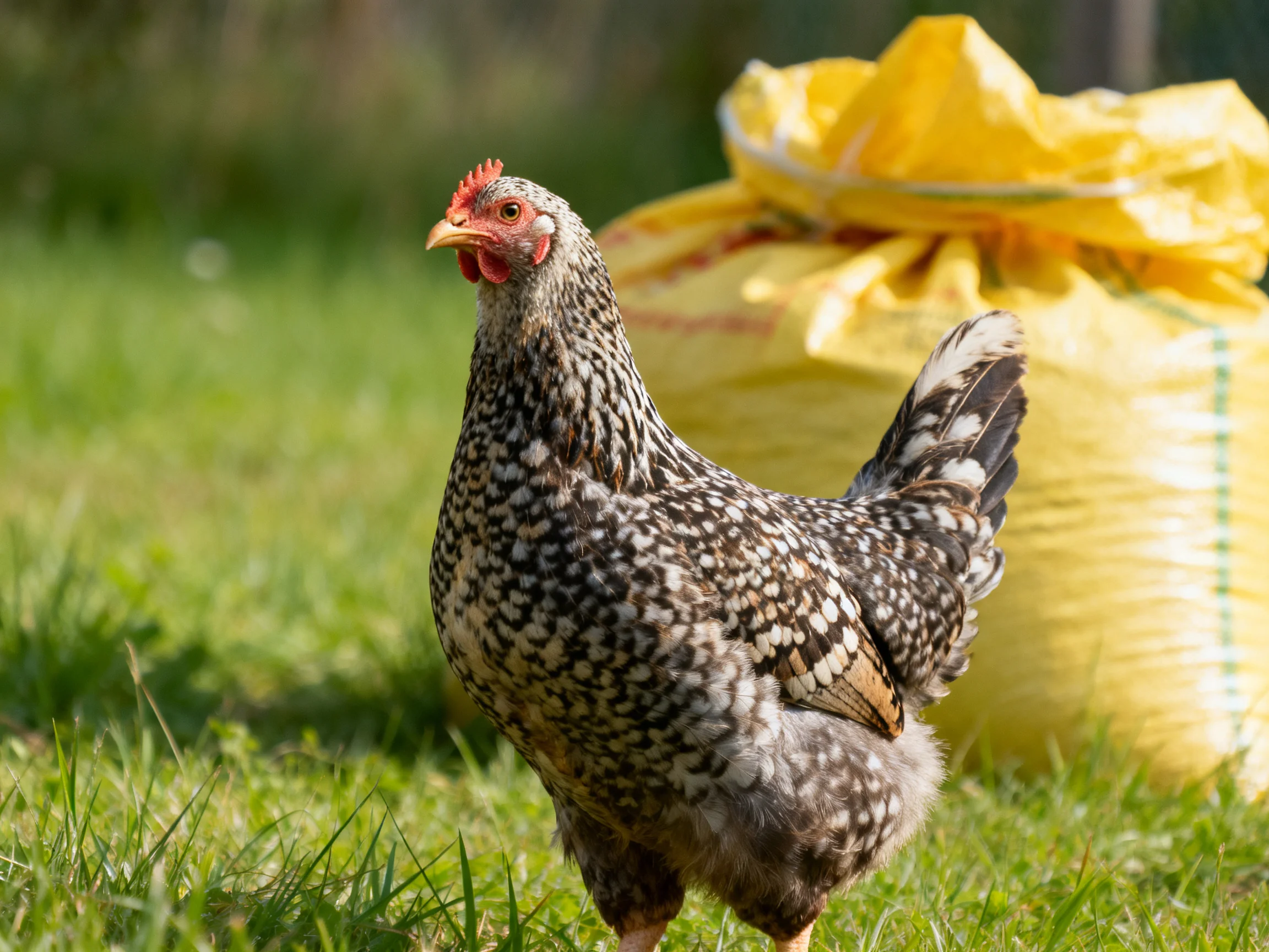 A speckled chicken stands beside a large yellow sack on green grass