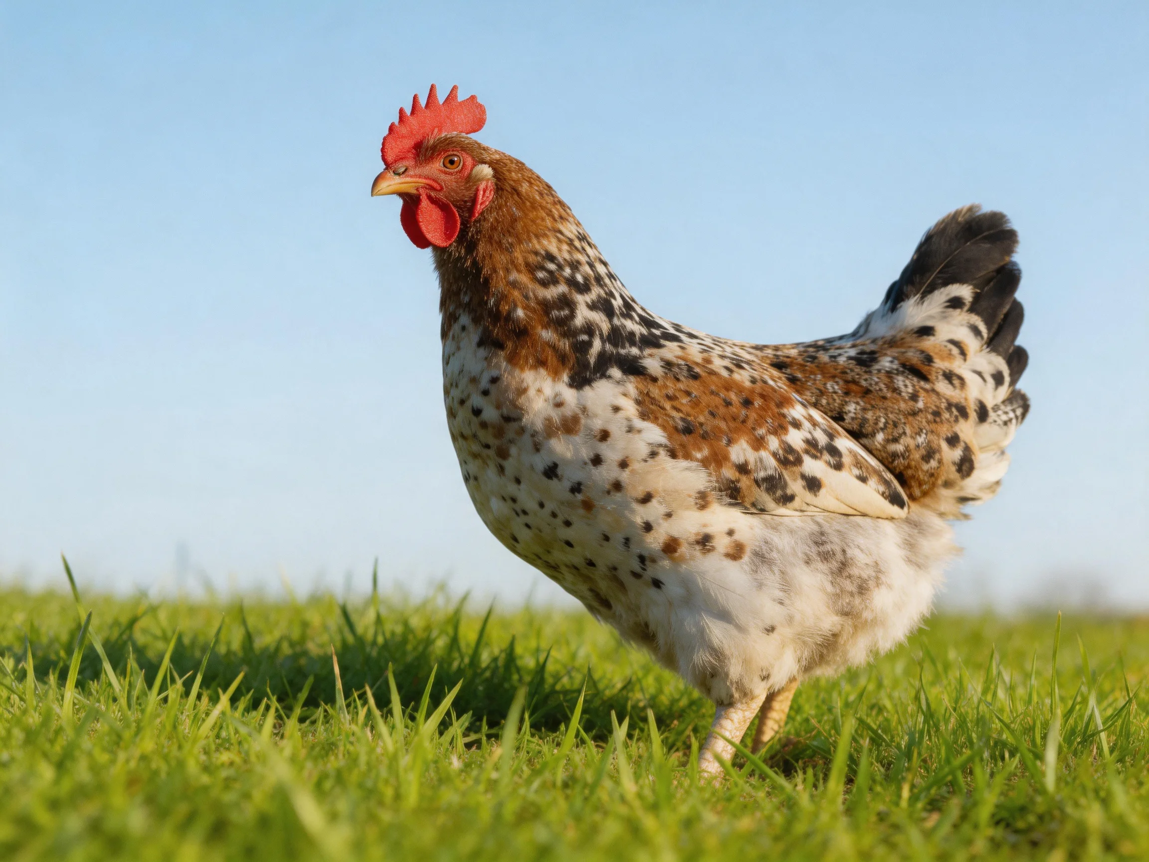 A speckled chicken stands in lush green grass under clear blue sky