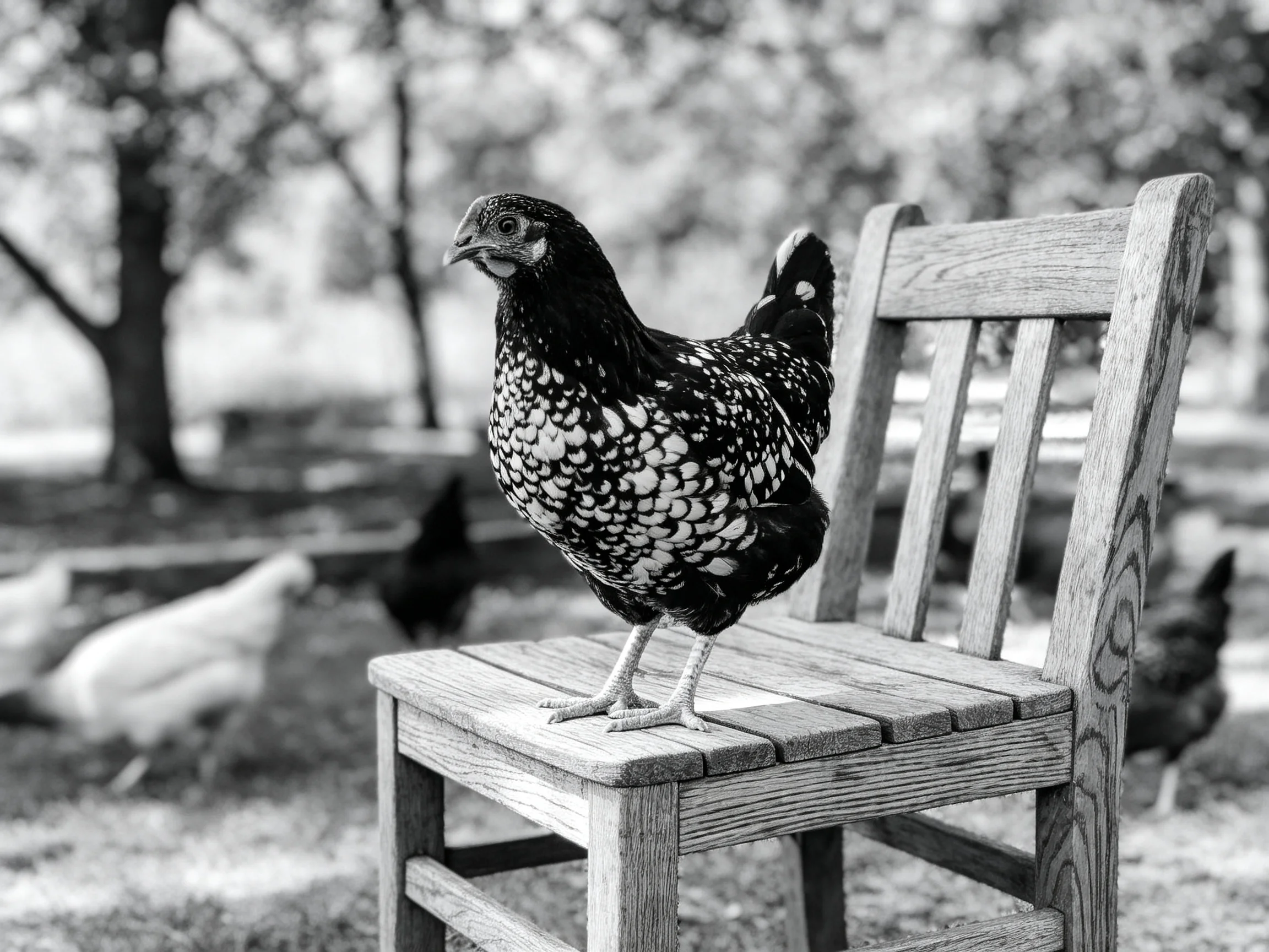 A speckled chicken stands on a wooden chair with other poultry outdoors