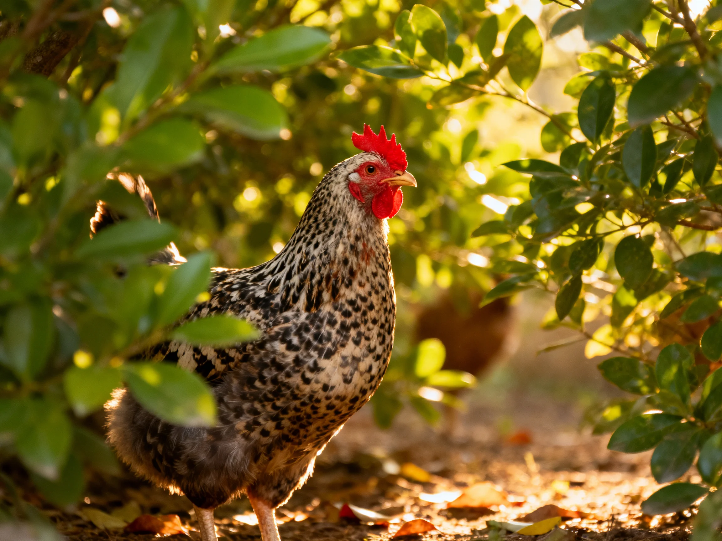 A speckled chicken with a bright red comb amid lush green foliage under sunlight