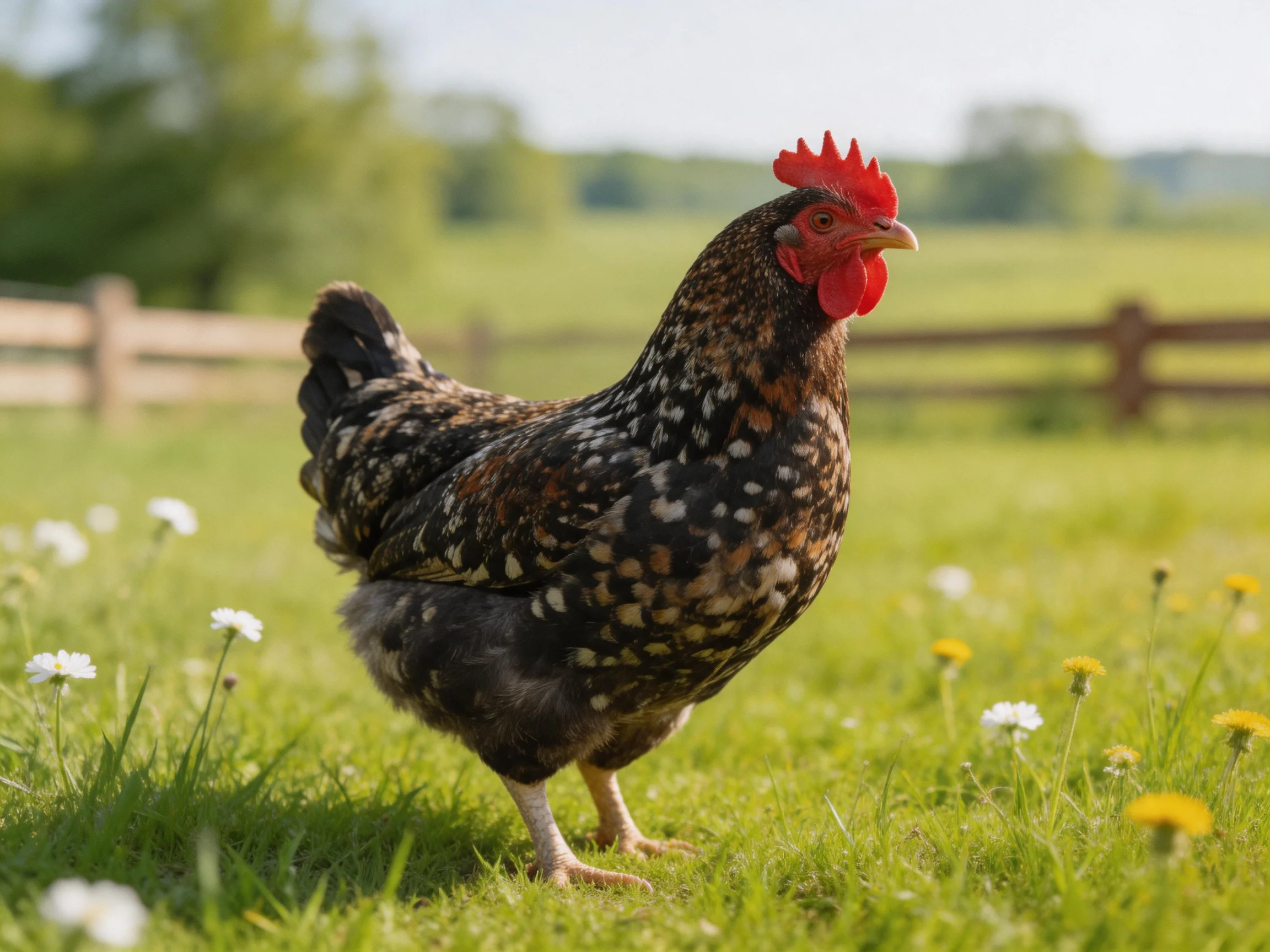 A speckled chicken with a bright red comb stands in a sunny meadow