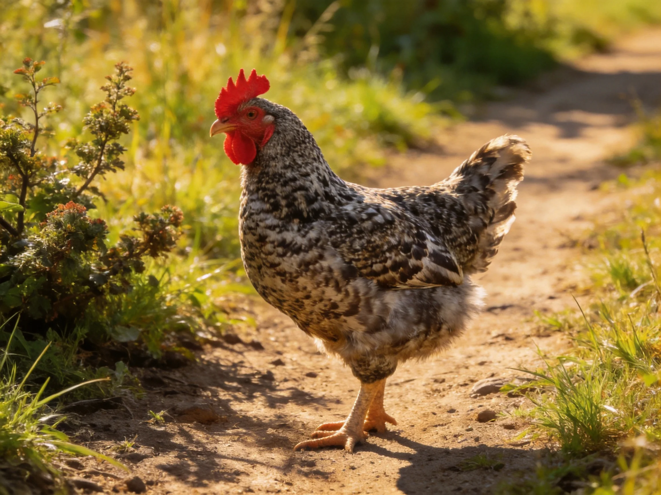 A speckled chicken with a bright red comb stands on a sunlit dirt path