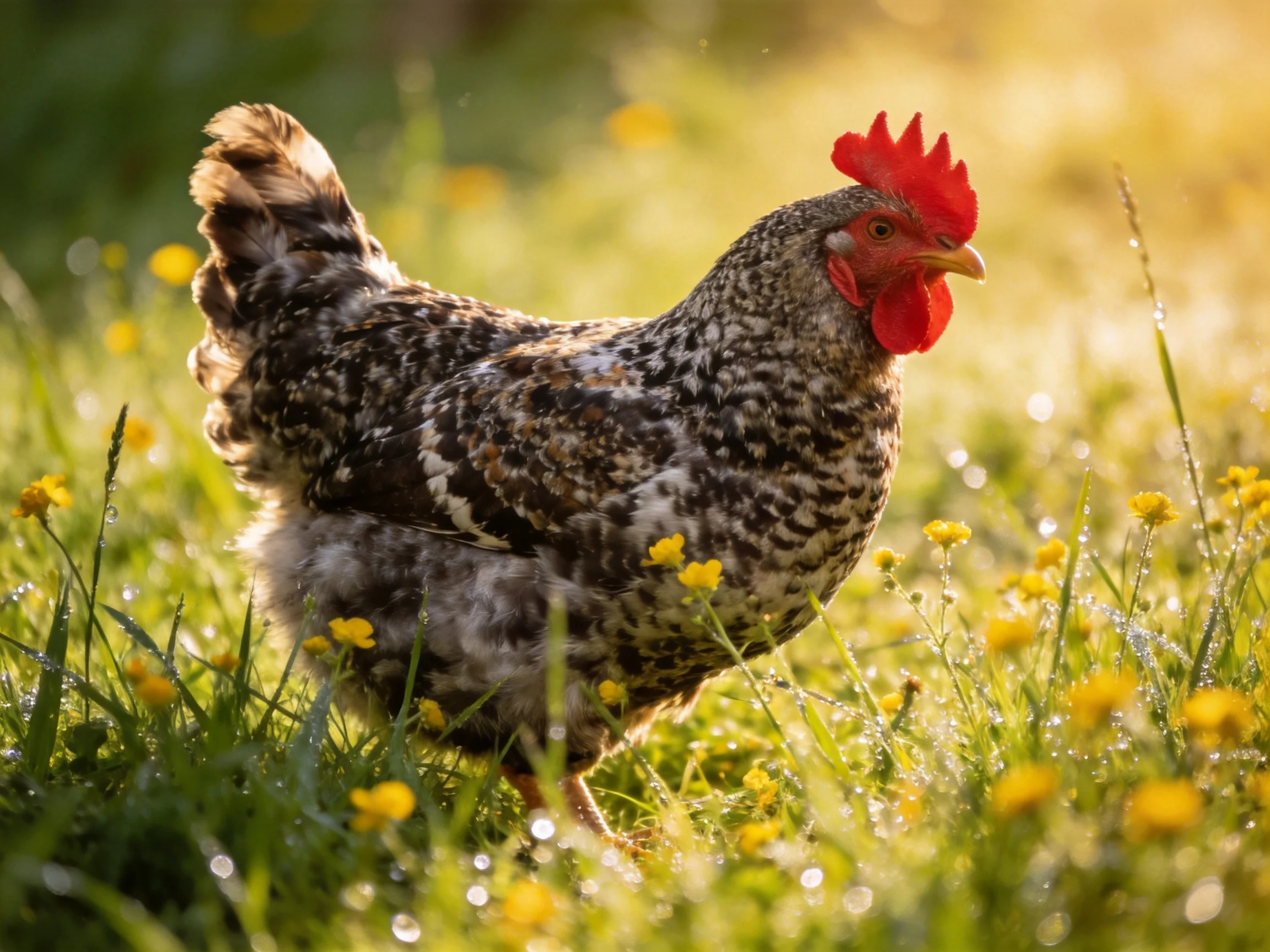 A speckled chicken with a red comb in a yellow-flowered meadow