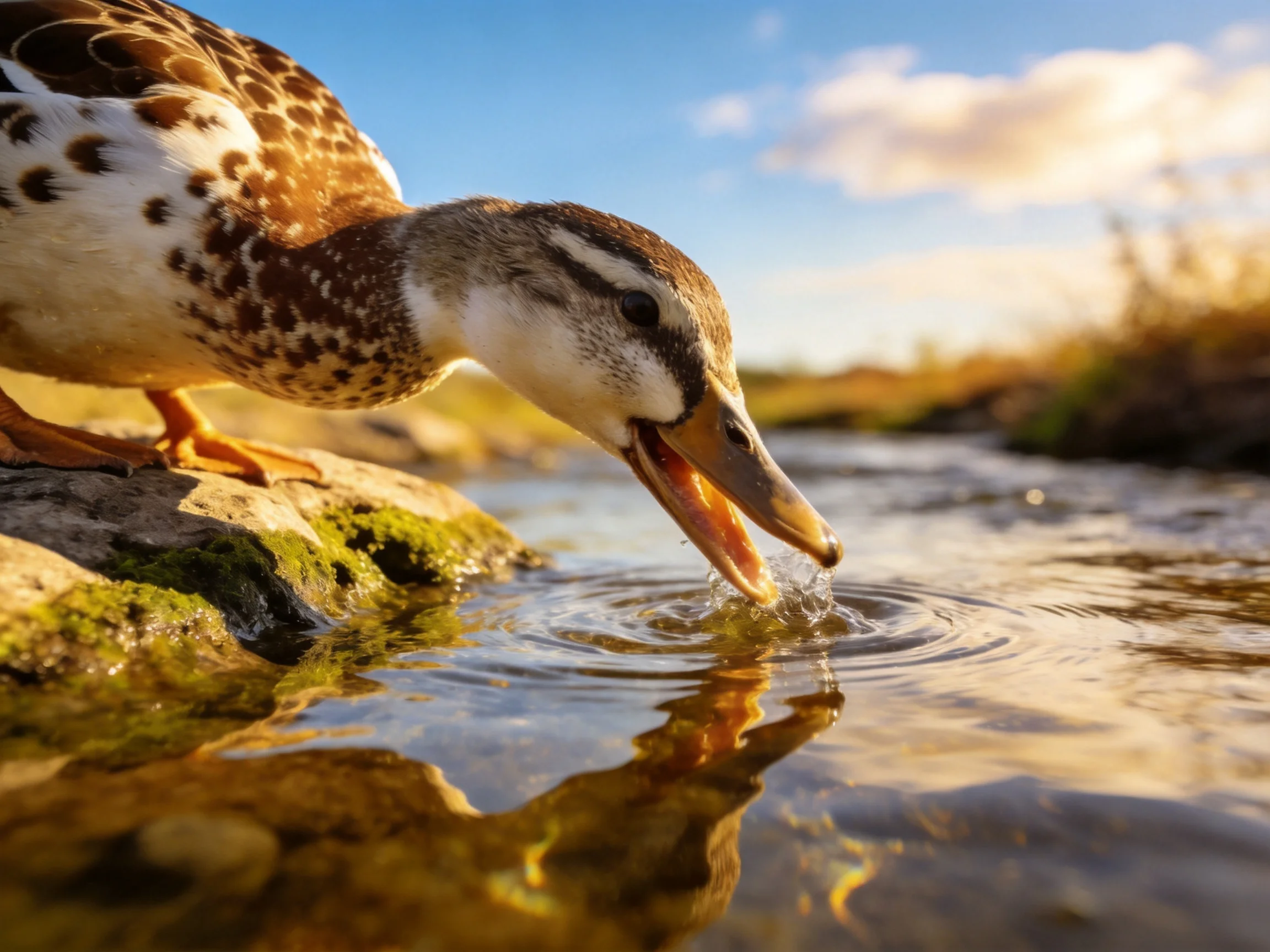 A speckled duck drinks from a sunlit stream next to moss-covered rocks