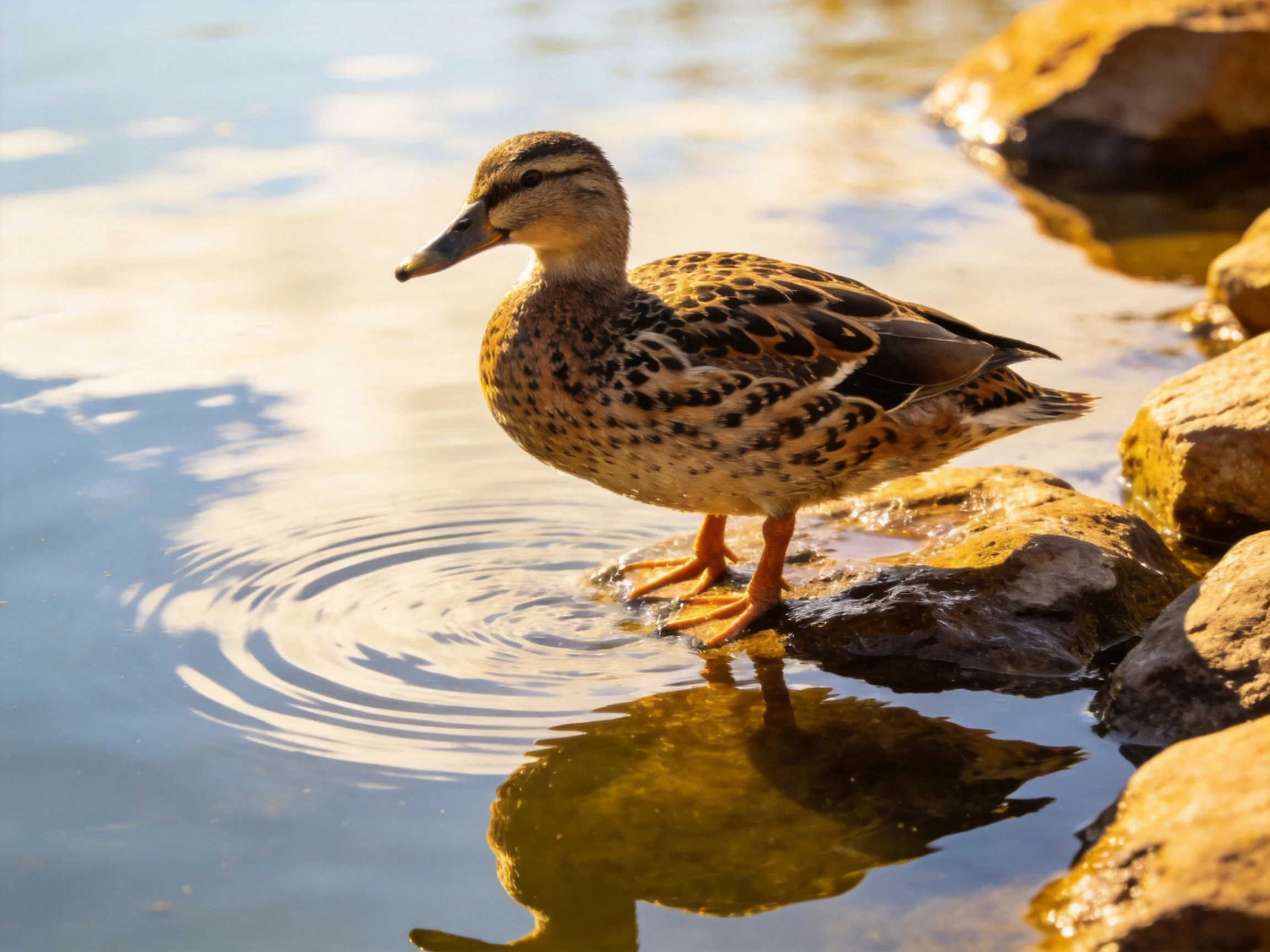 A speckled duck stands on wet rocks by calm water