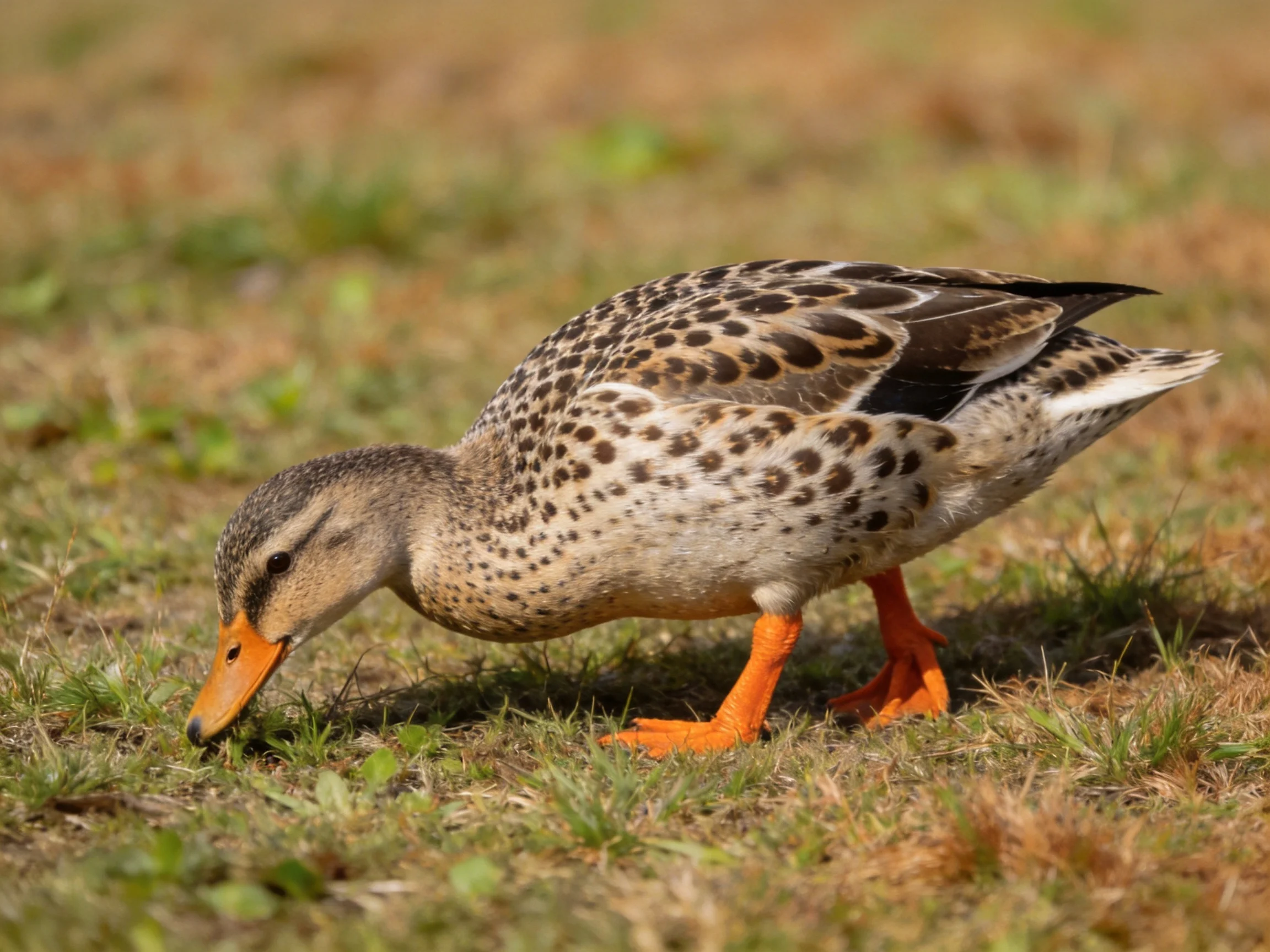A speckled duck with orange feet forages on mixed green and brown grass